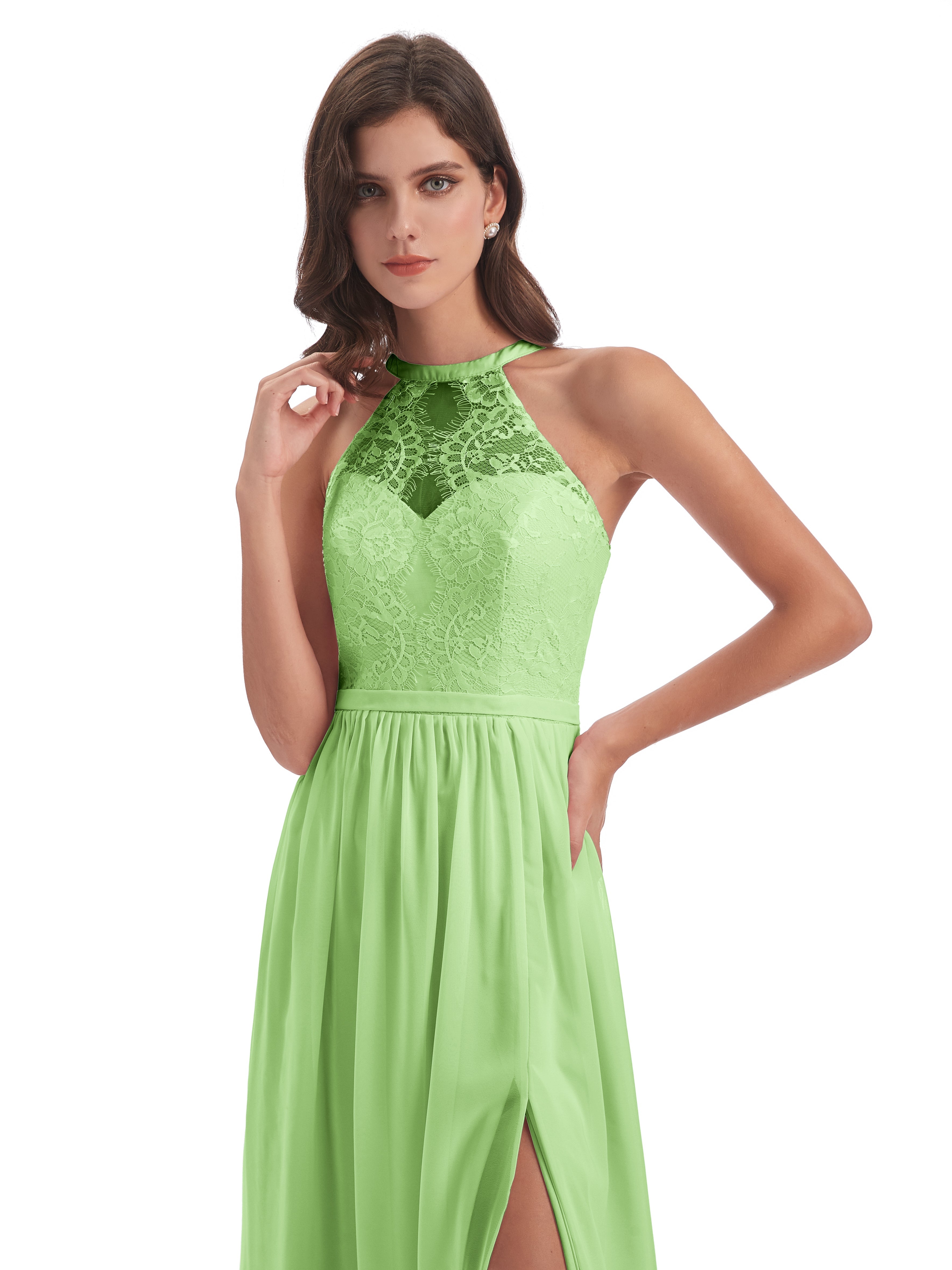 Robe Vert Sauge Demoiselle D Honneur Fendue Devant Licou Dentelle/Mousseline Robes Demoiselle D'Honneur