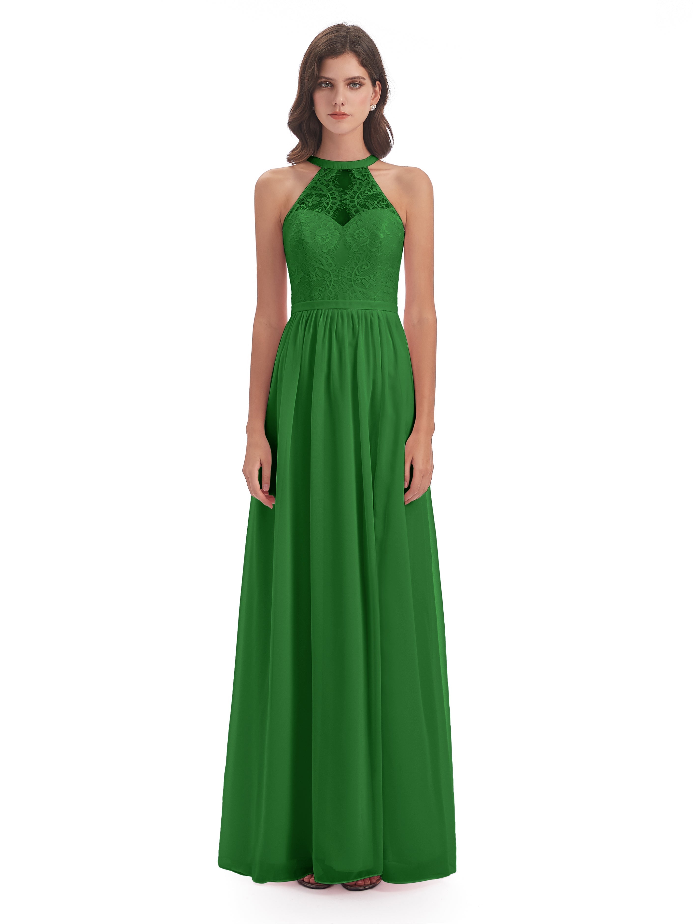 Robe De Demoiselle D'Honneur Verte Fendue Devant Licou Dentelle/Mousseline Robes Demoiselle D'Honneur