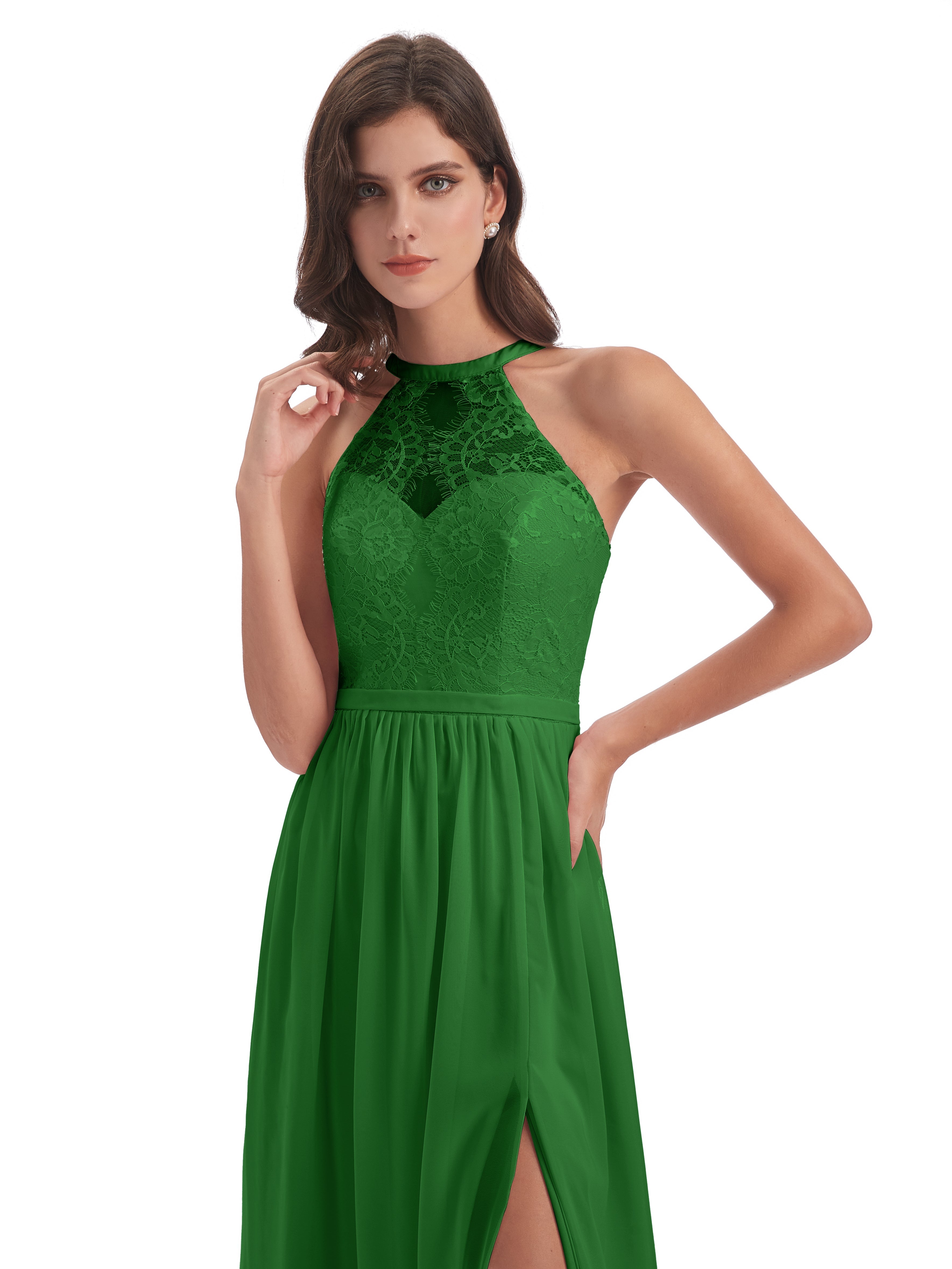 Robe De Demoiselle D'Honneur Verte Fendue Devant Licou Dentelle/Mousseline Robes Demoiselle D'Honneur