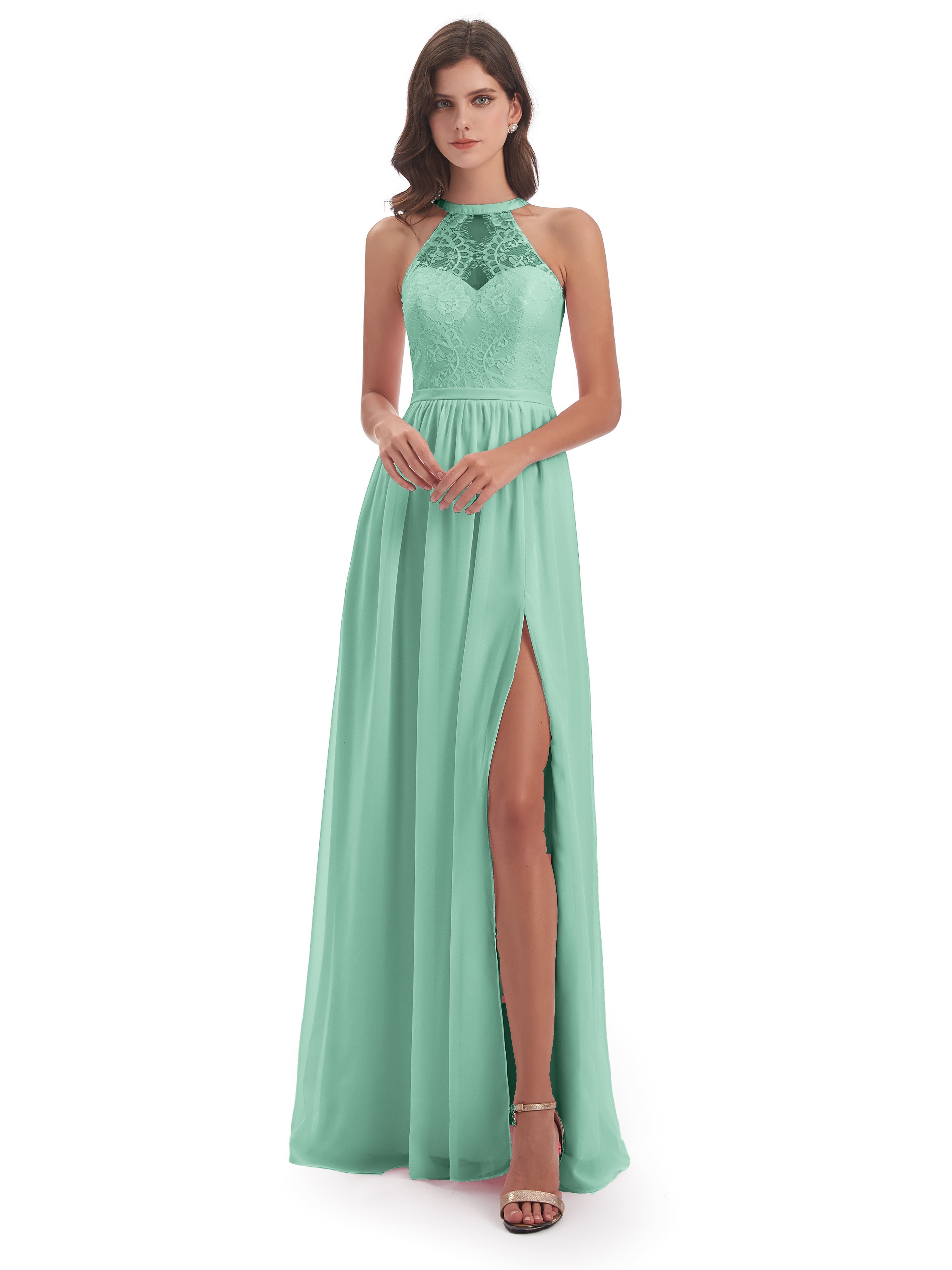 Robe Demoiselle D Honneur Menthe Fendue Devant Licou Dentelle/Mousseline Robes Demoiselle D'Honneur