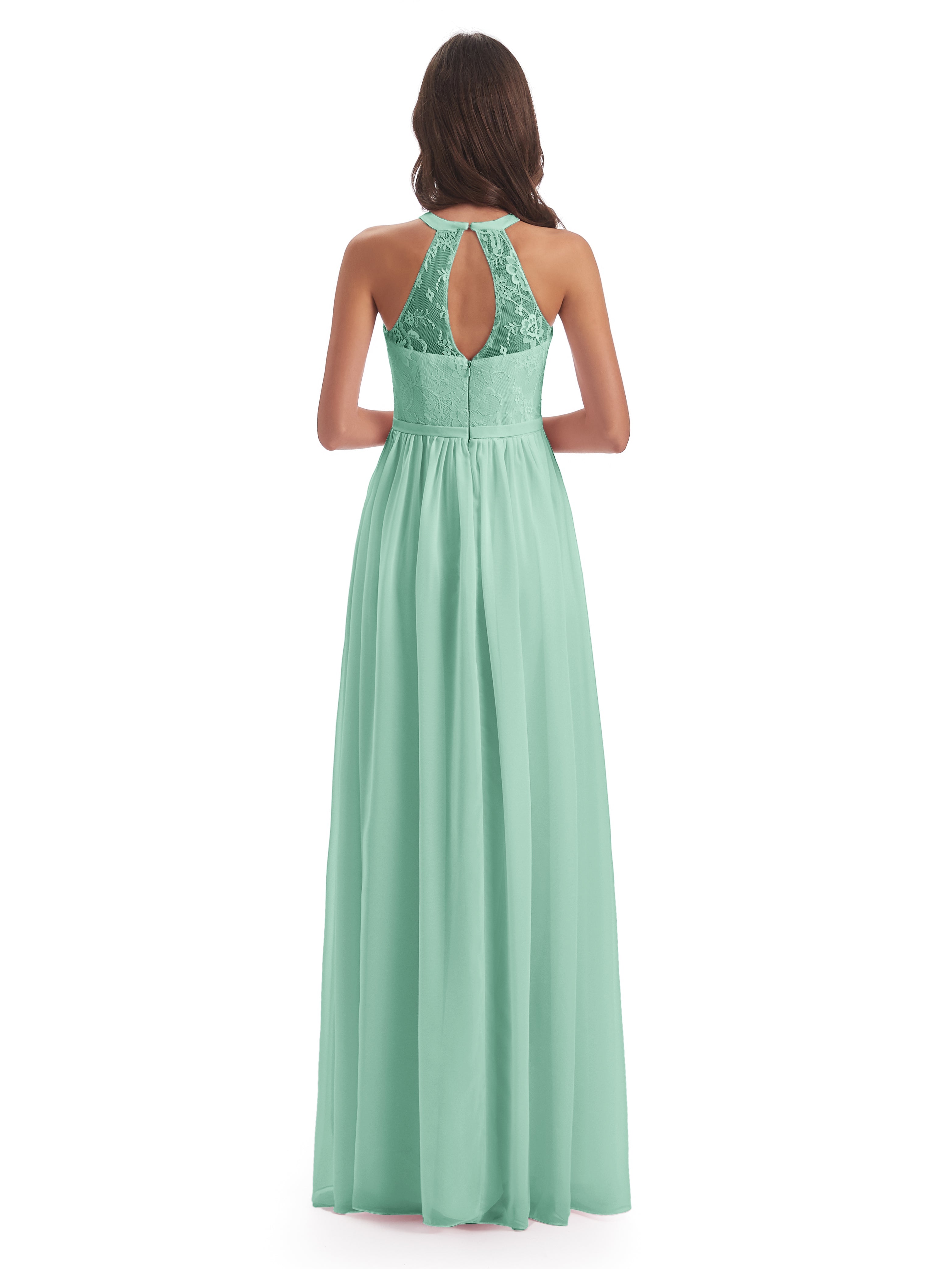 Robe Demoiselle D Honneur Menthe Fendue Devant Licou Dentelle/Mousseline Robes Demoiselle D'Honneur