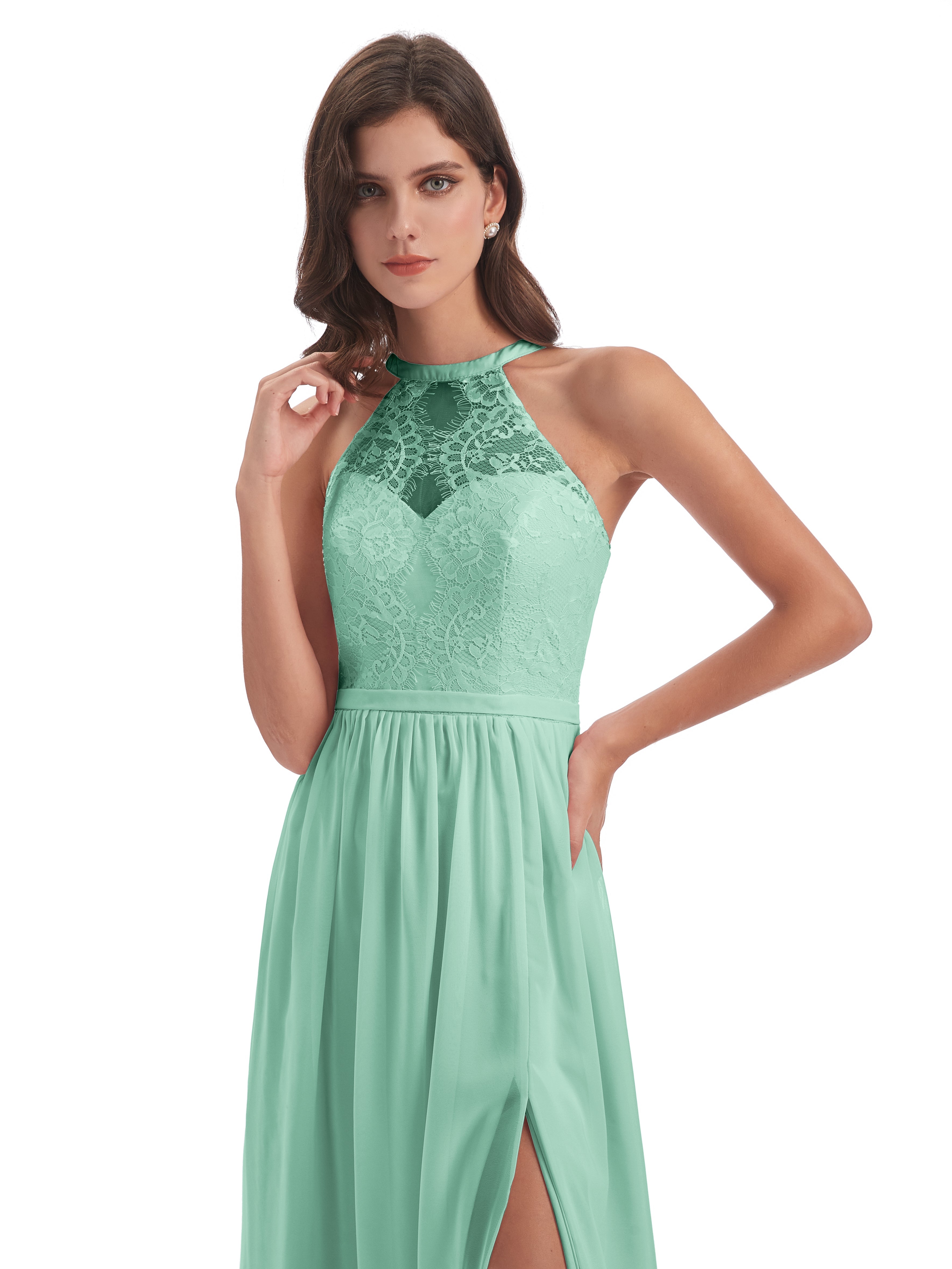 Robe Demoiselle D Honneur Menthe Fendue Devant Licou Dentelle/Mousseline Robes Demoiselle D'Honneur