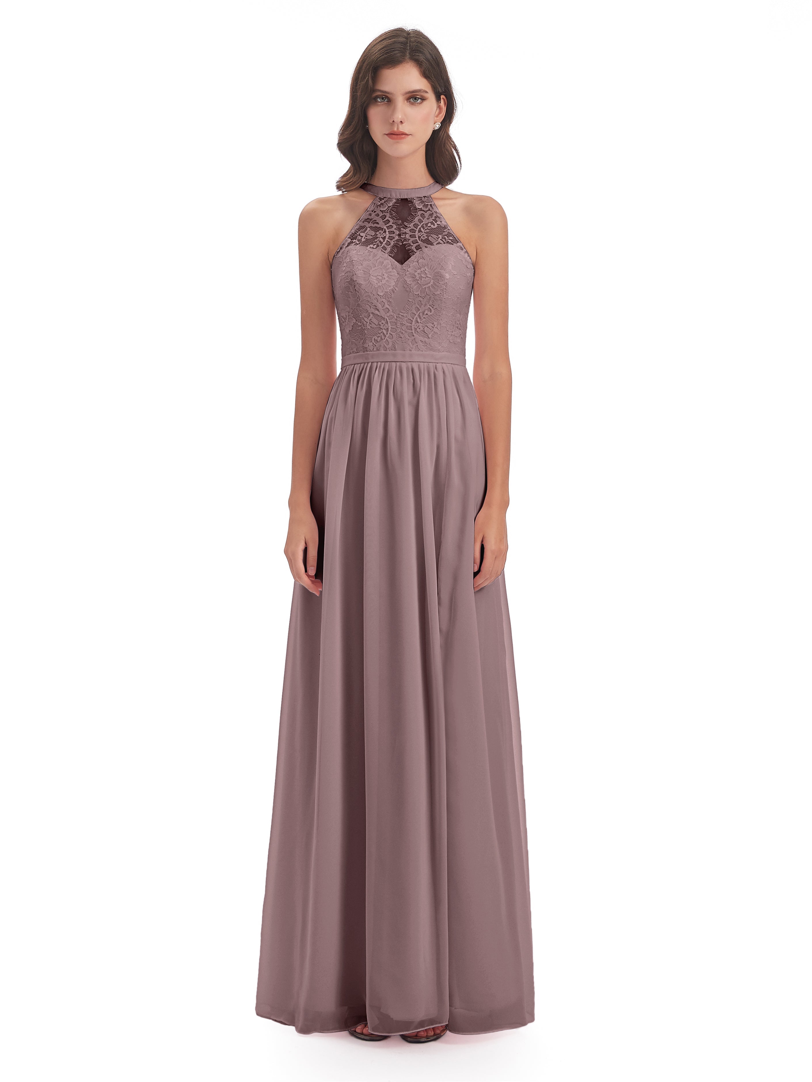 Robes De Demoiselle D'Honneur Mauve Foncé Fendue Devant Licou Dentelle/Mousseline Robes Demoiselle D'Honneur