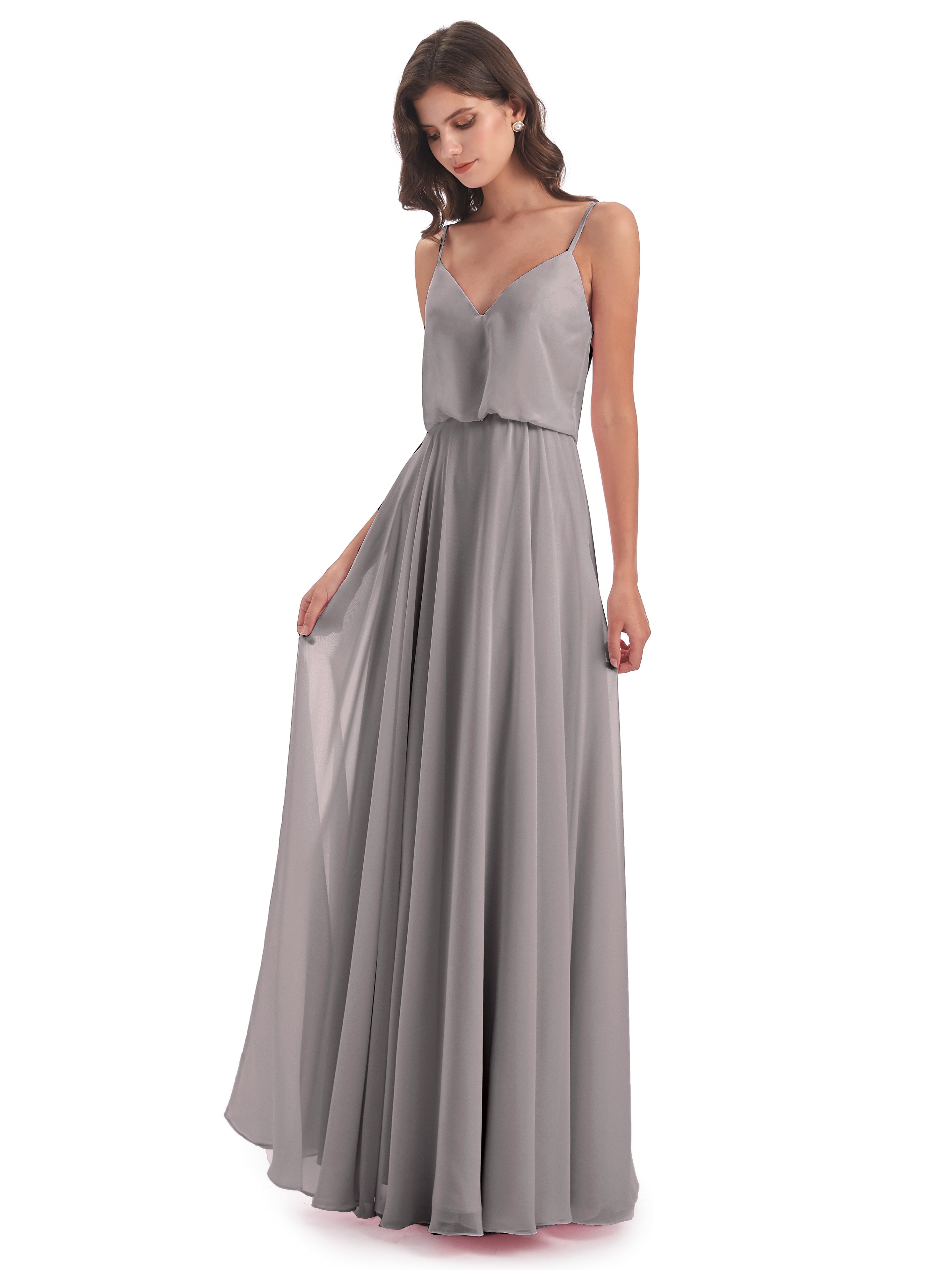 Robes De Demoiselle D'Honneur En Argent Bretelles Spaghetti Mousseline Longue Robes Demoiselle D'Honneur