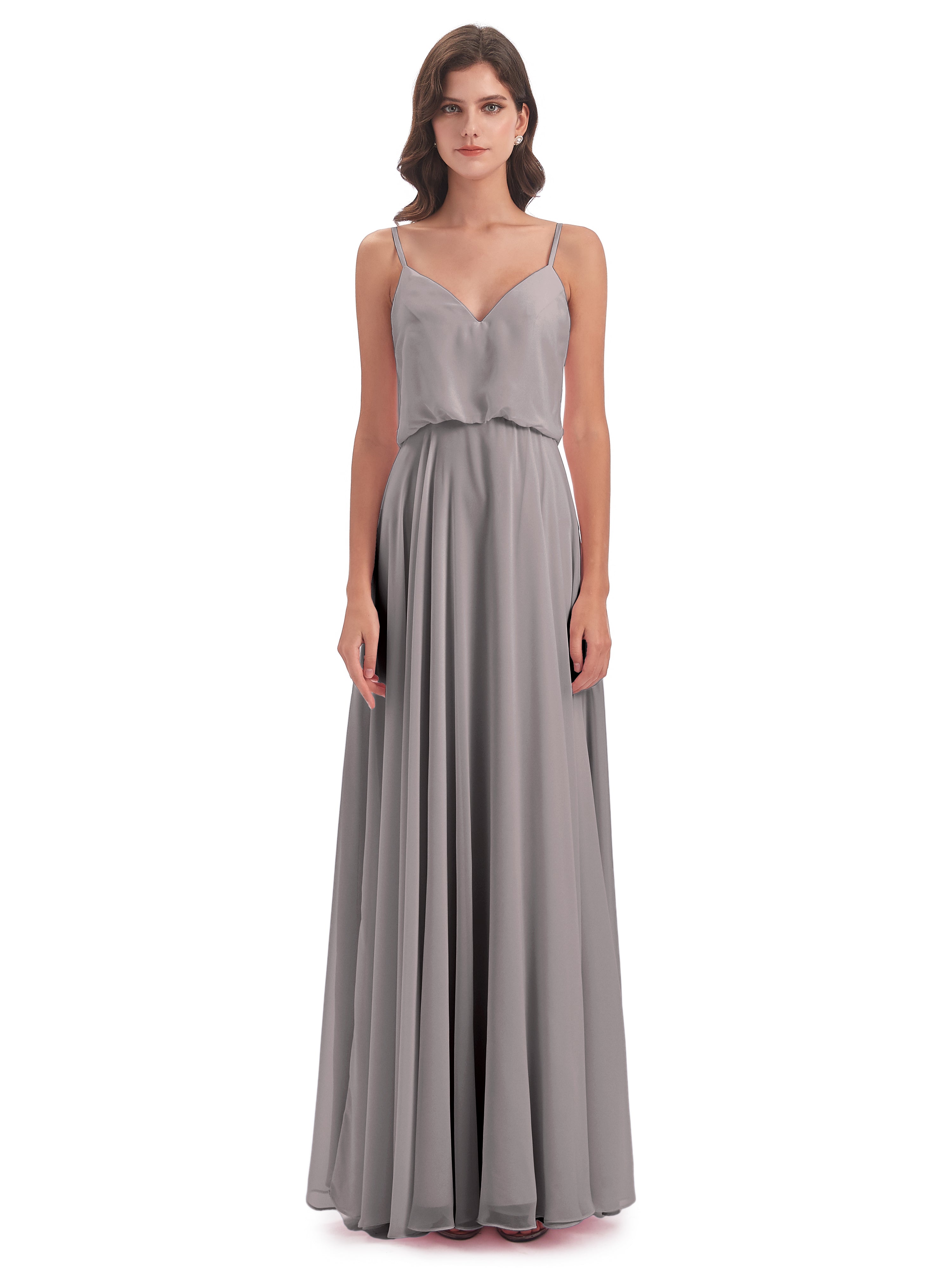 Robes De Demoiselle D'Honneur En Argent Bretelles Spaghetti Mousseline Longue Robes Demoiselle D'Honneur