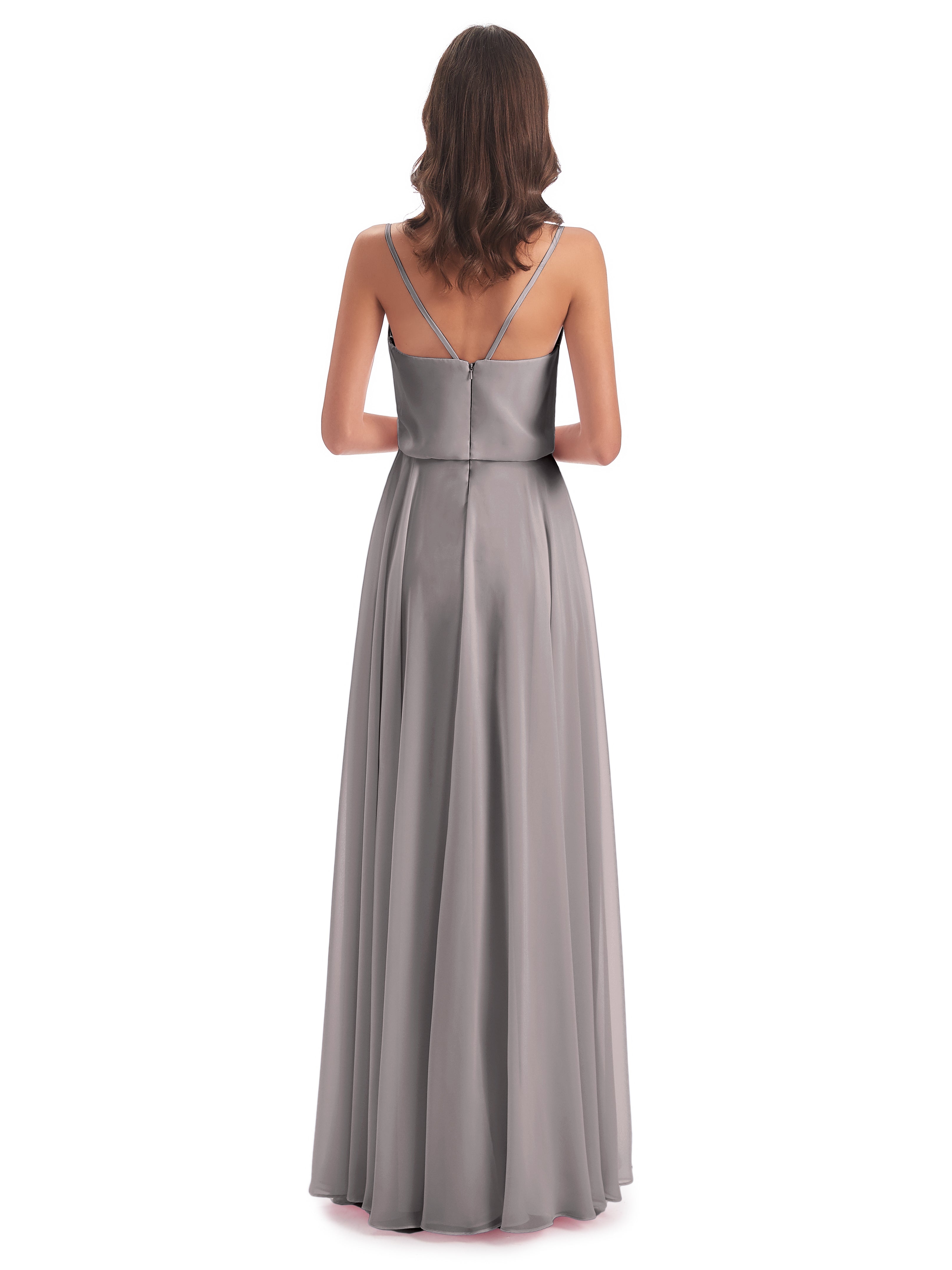 Robes De Demoiselle D'Honneur En Argent Bretelles Spaghetti Mousseline Longue Robes Demoiselle D'Honneur