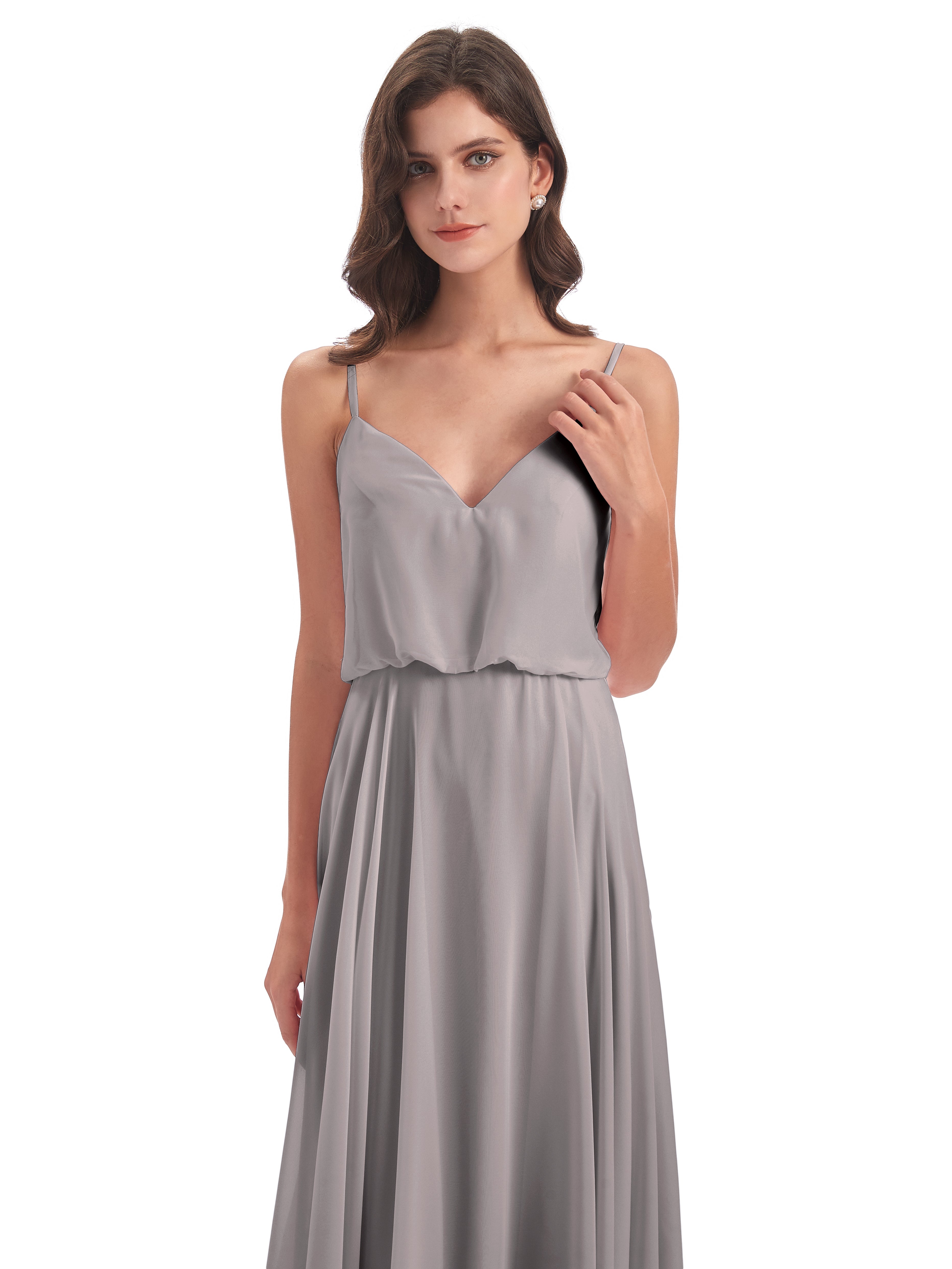 Robes De Demoiselle D'Honneur En Argent Bretelles Spaghetti Mousseline Longue Robes Demoiselle D'Honneur