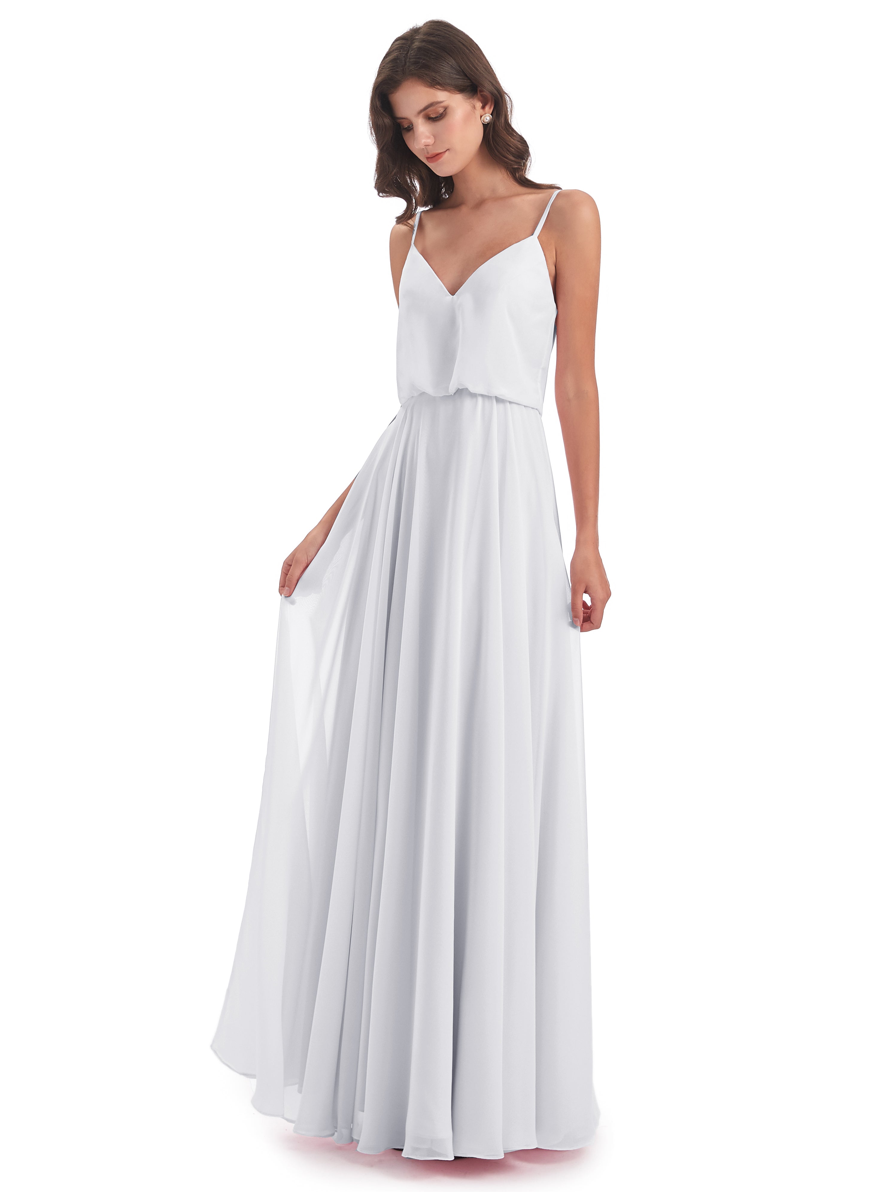 Robe Demoiselle D Honneur Blanc Bretelles Spaghetti Mousseline Longue Robes Demoiselle D'Honneur