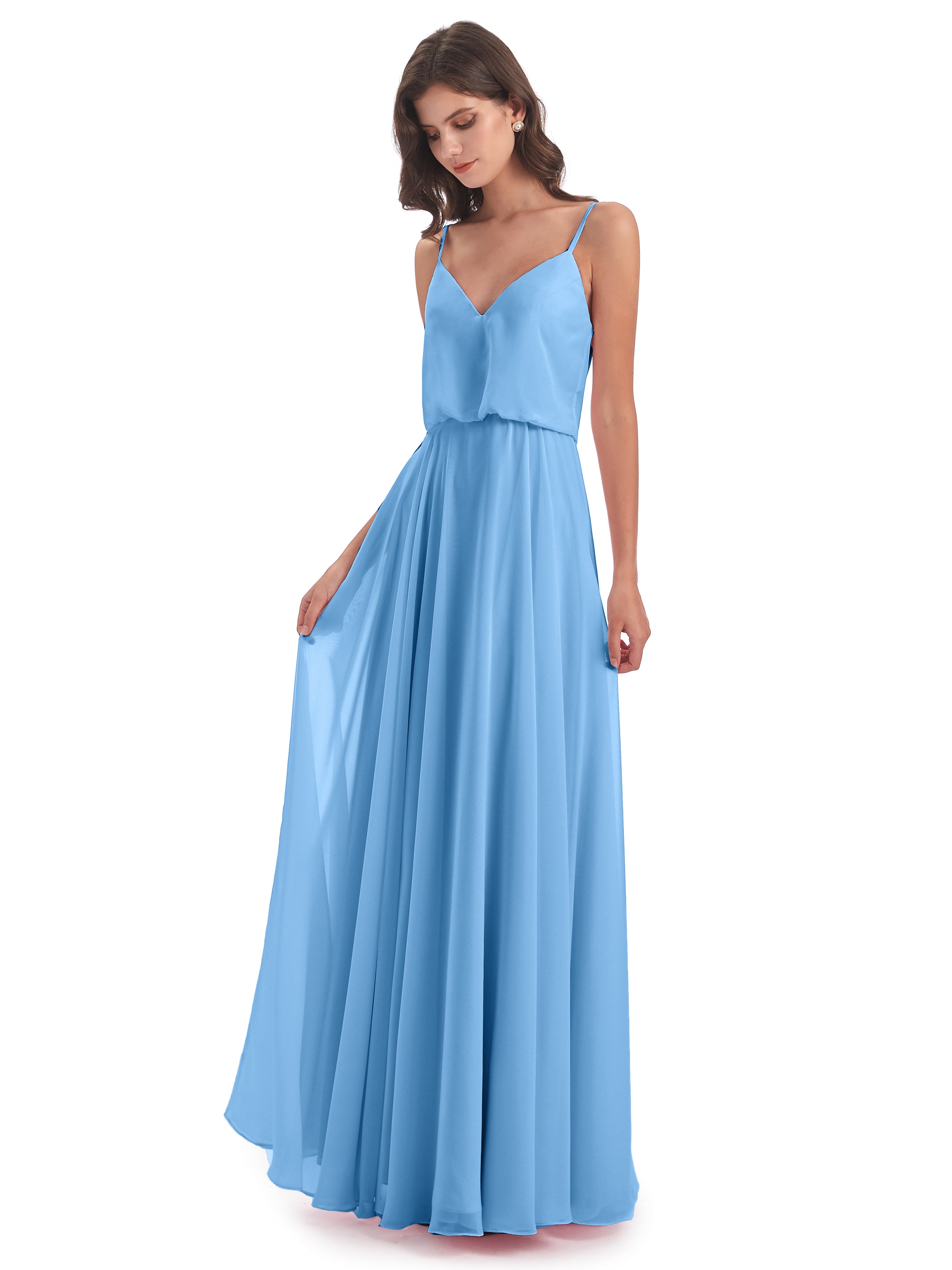 Robe De Demoiselle D Honneur Bleu Bretelles Spaghetti Mousseline Longue Robes Demoiselle D'Honneur