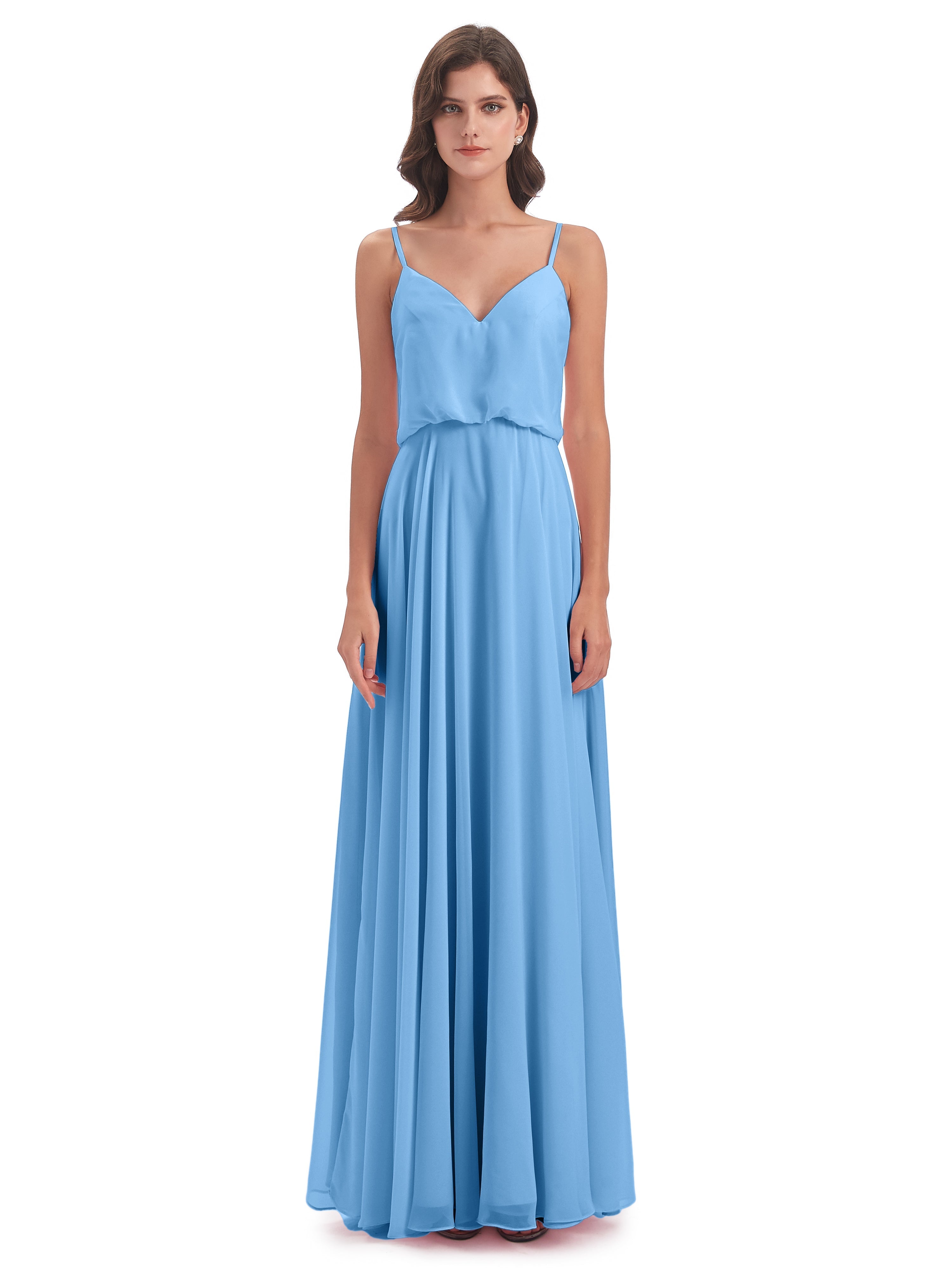 Robe De Demoiselle D Honneur Bleu Bretelles Spaghetti Mousseline Longue Robes Demoiselle D'Honneur