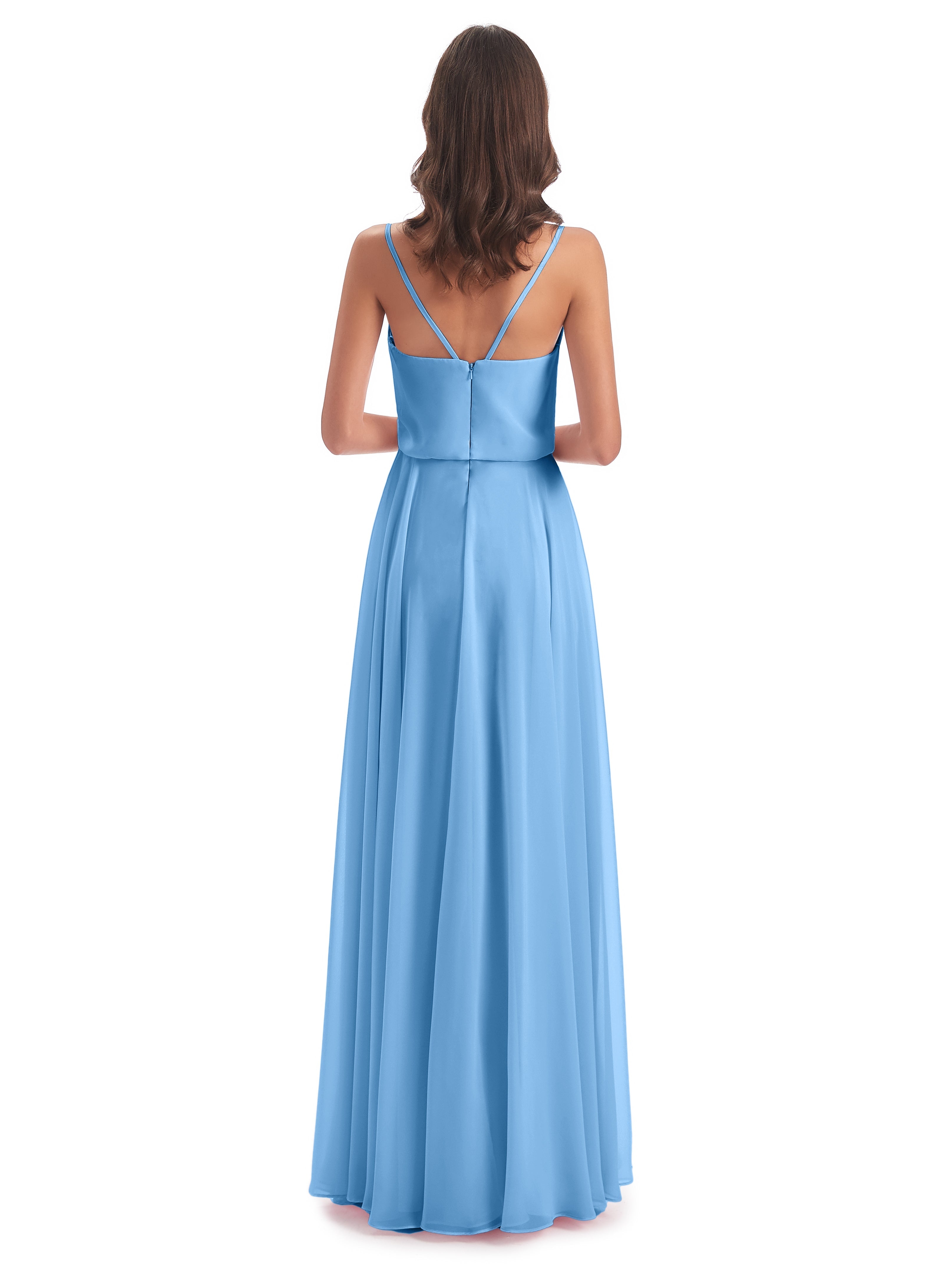 Robe De Demoiselle D Honneur Bleu Bretelles Spaghetti Mousseline Longue Robes Demoiselle D'Honneur
