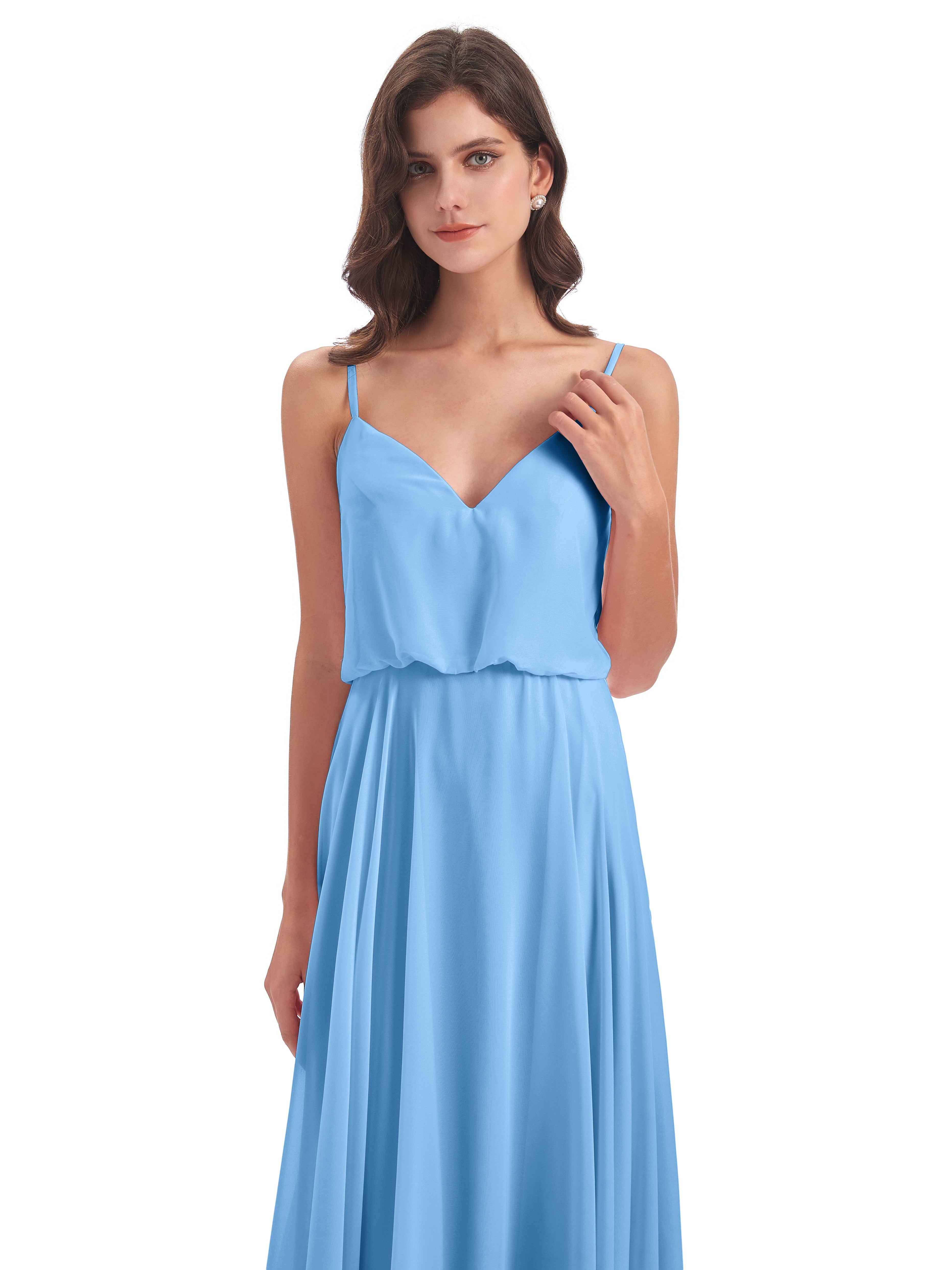 Robe De Demoiselle D Honneur Bleu Bretelles Spaghetti Mousseline Longue Robes Demoiselle D'Honneur