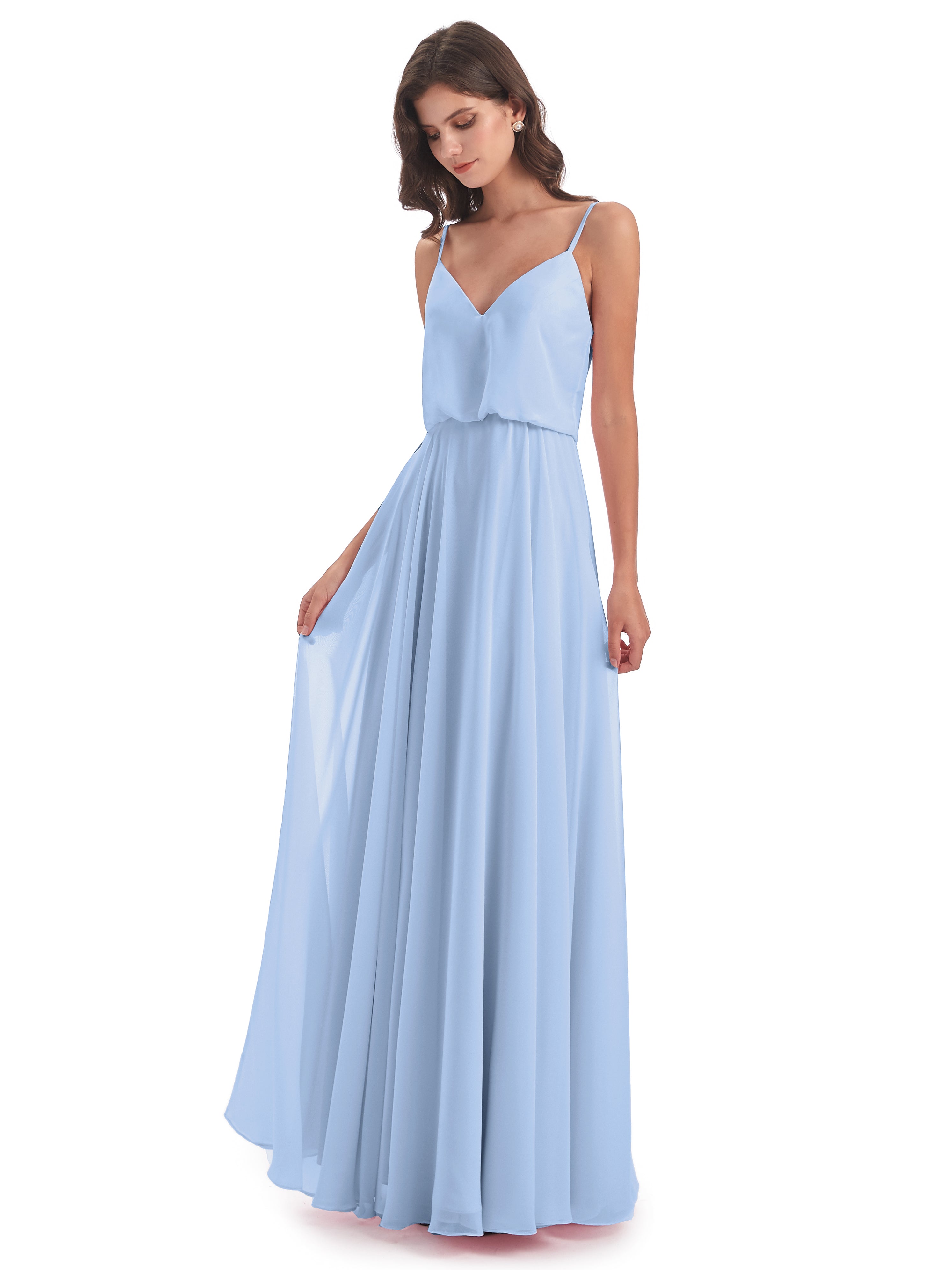 Robe Demoiselle D Honneur Bleue Ciel Bretelles Spaghetti Mousseline Longue Robes Demoiselle D'Honneur