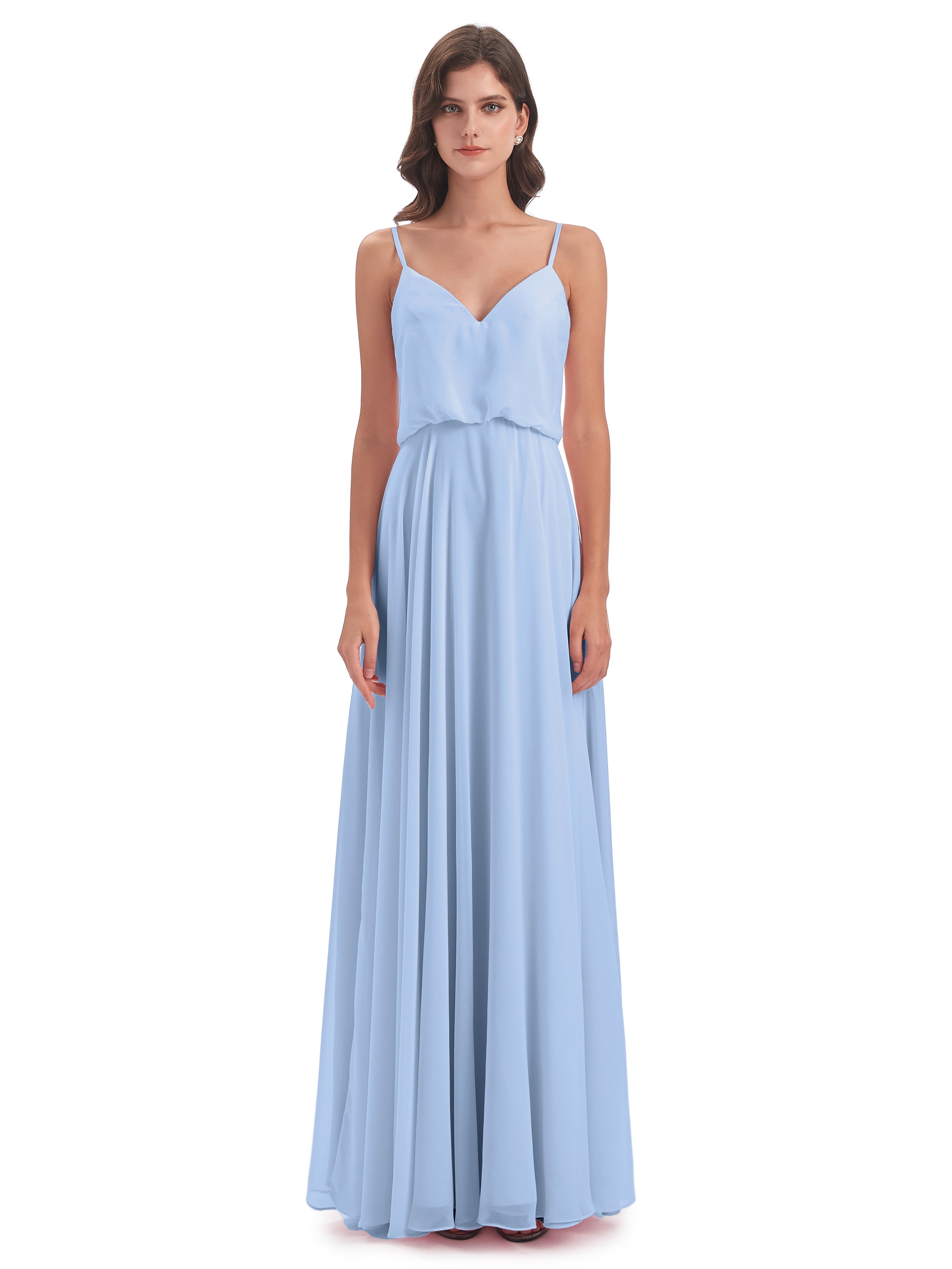 Robe Demoiselle D Honneur Bleue Ciel Bretelles Spaghetti Mousseline Longue Robes Demoiselle D'Honneur