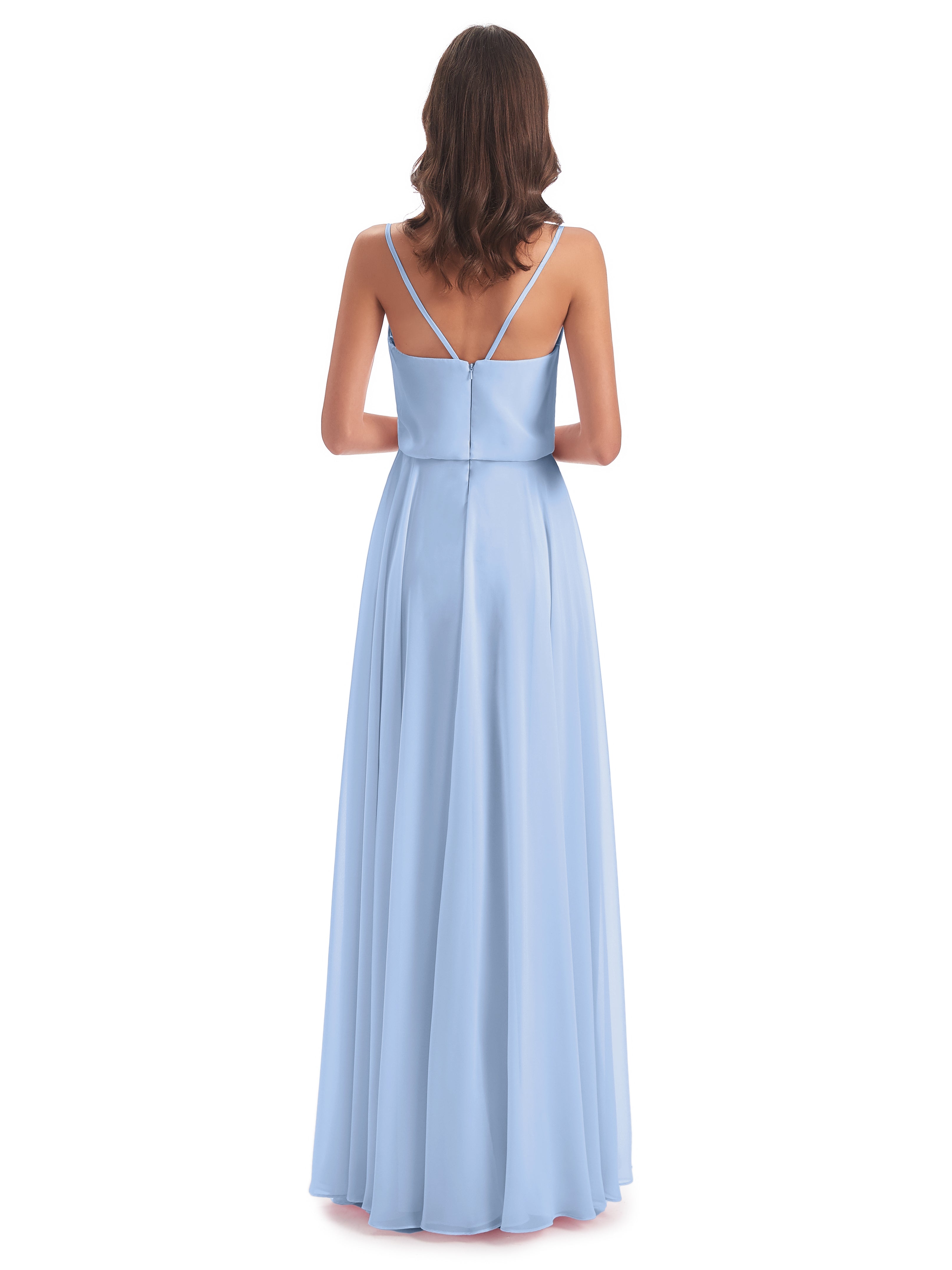 Robe Demoiselle D Honneur Bleue Ciel Bretelles Spaghetti Mousseline Longue Robes Demoiselle D'Honneur