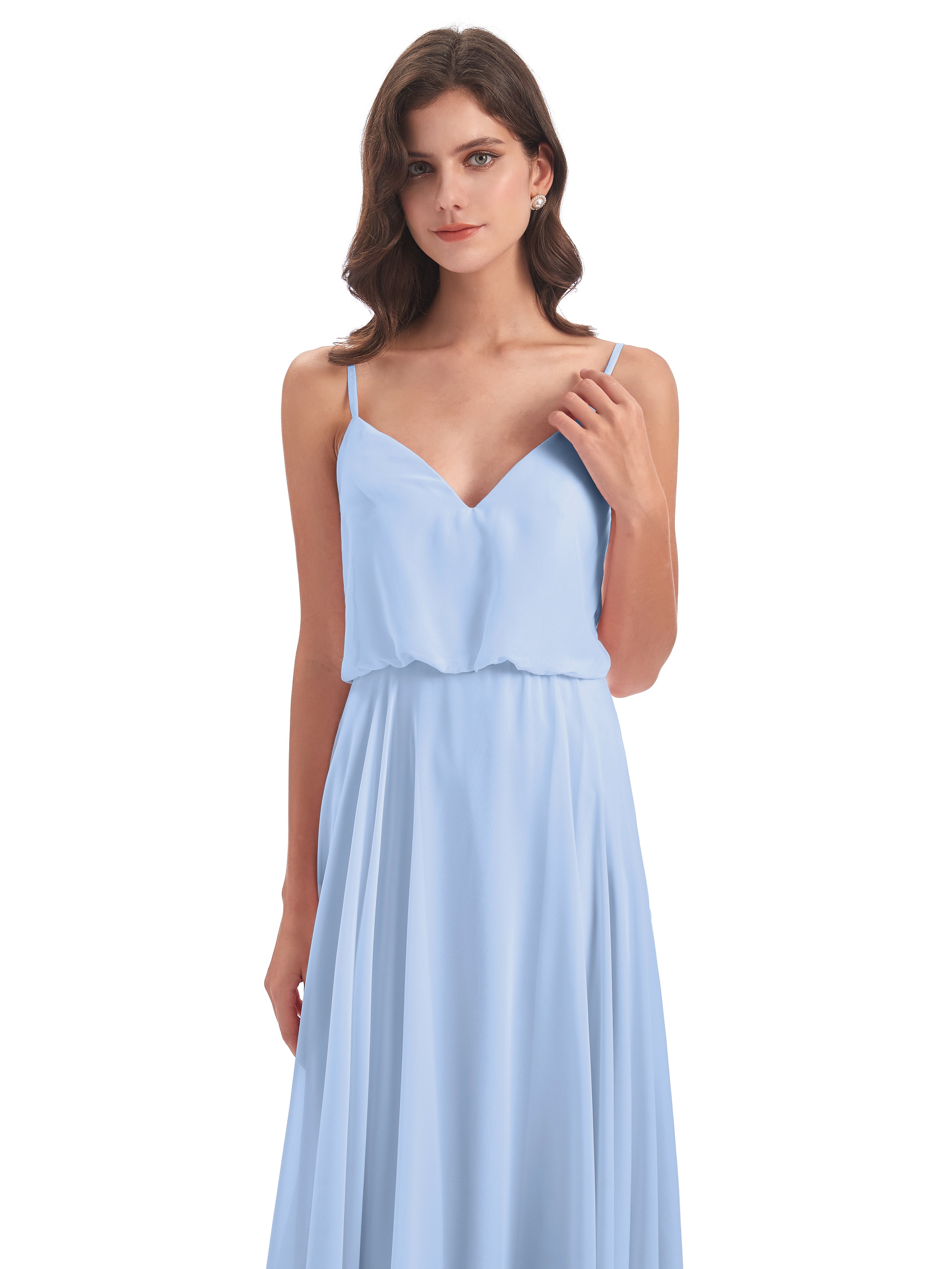 Robe Demoiselle D Honneur Bleue Ciel Bretelles Spaghetti Mousseline Longue Robes Demoiselle D'Honneur