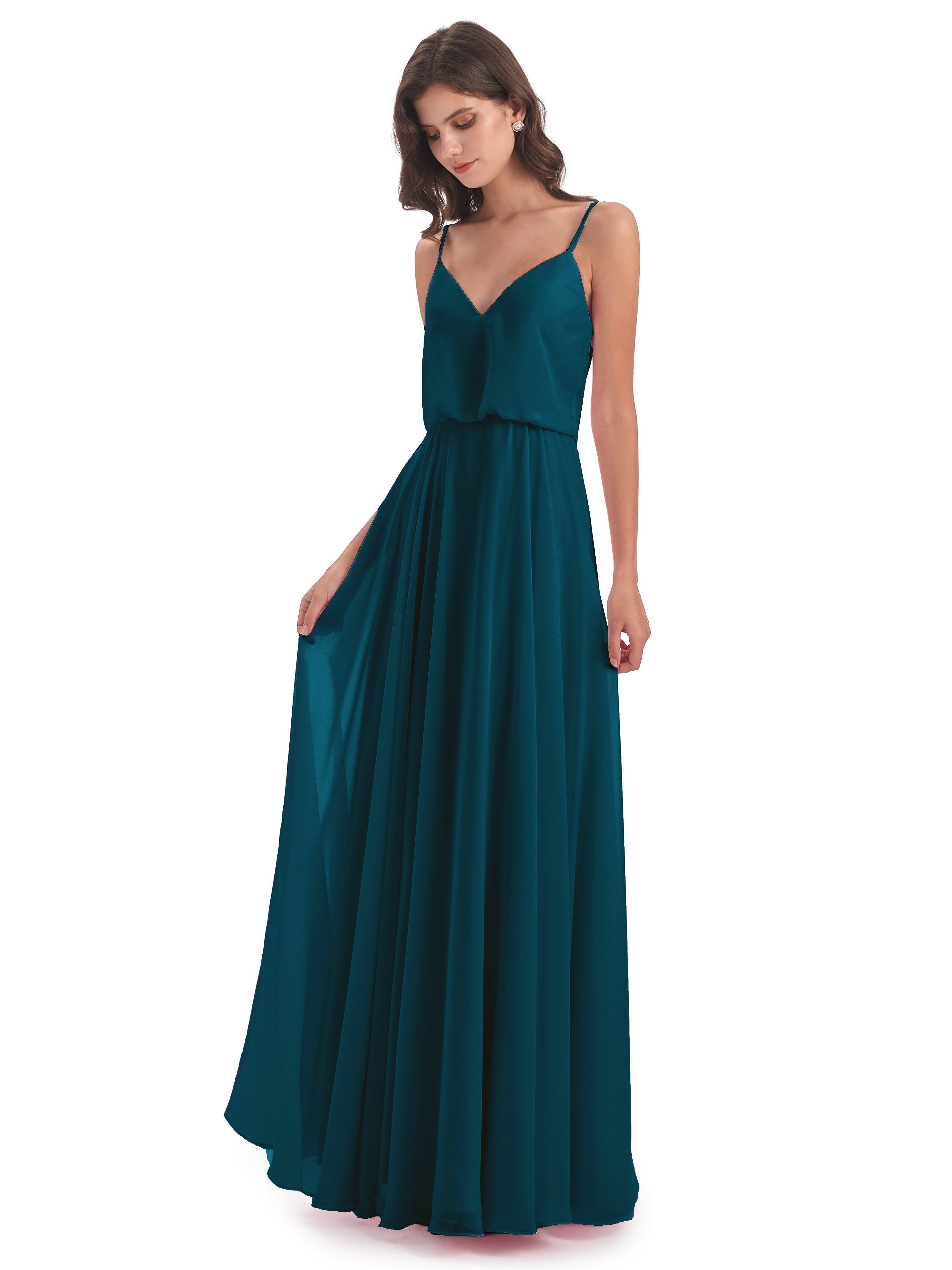 Robe De Demoiselle D'Honneur Bleu Encre Bretelles Spaghetti Mousseline Longue Robes Demoiselle D'Honneur