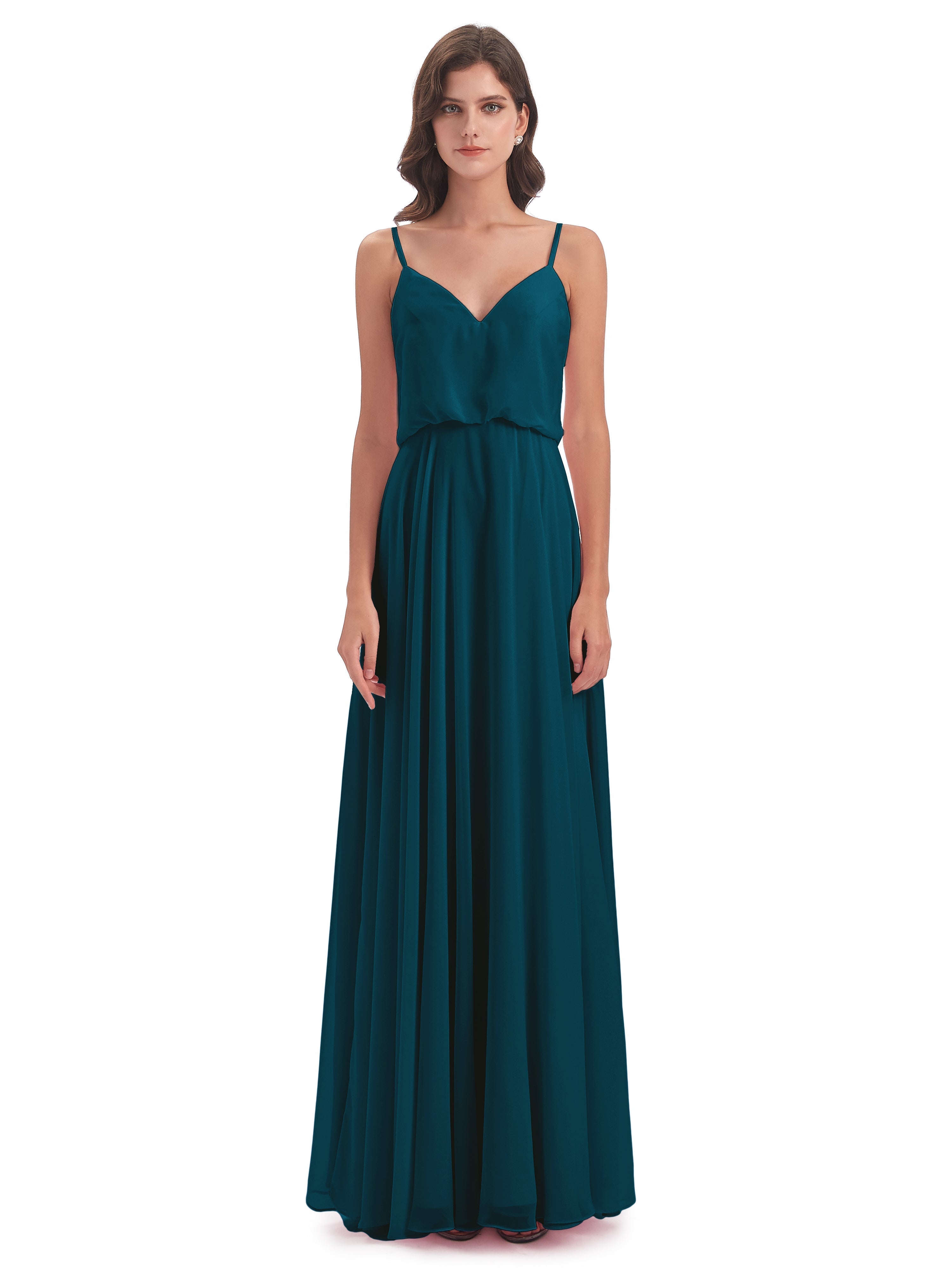 Robe De Demoiselle D'Honneur Bleu Encre Bretelles Spaghetti Mousseline Longue Robes Demoiselle D'Honneur