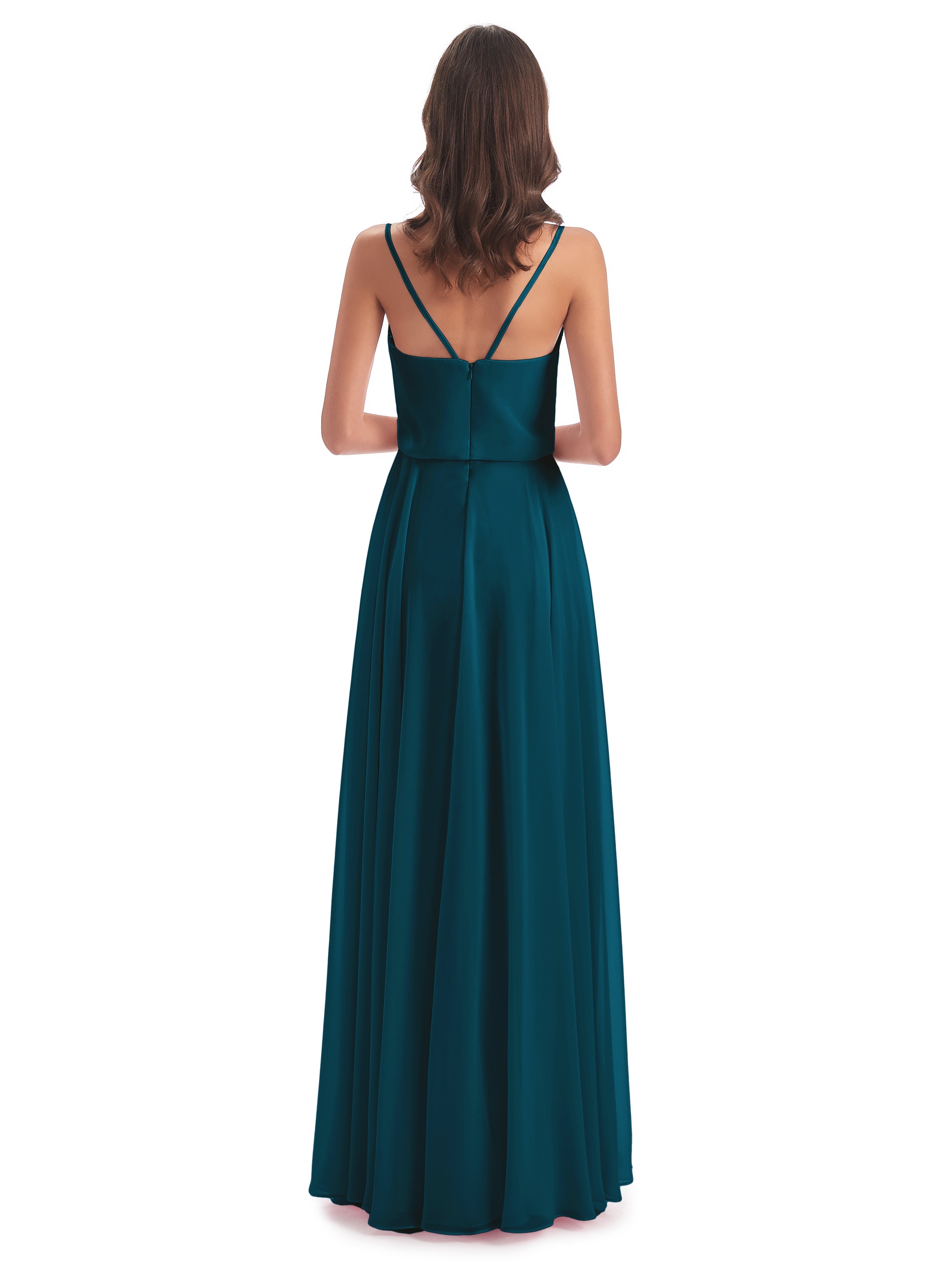 Robe De Demoiselle D'Honneur Bleu Encre Bretelles Spaghetti Mousseline Longue Robes Demoiselle D'Honneur