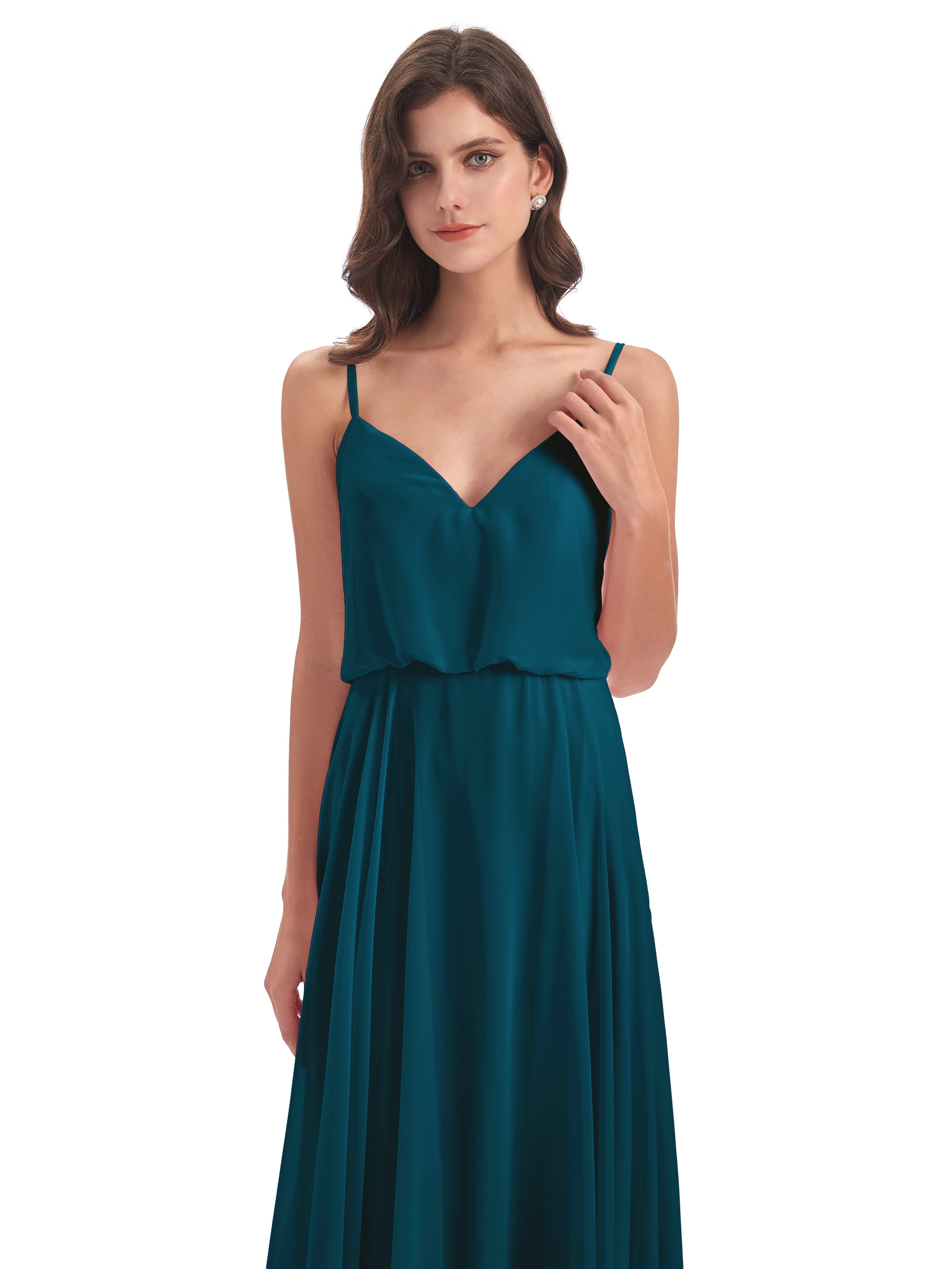 Robe De Demoiselle D'Honneur Bleu Encre Bretelles Spaghetti Mousseline Longue Robes Demoiselle D'Honneur
