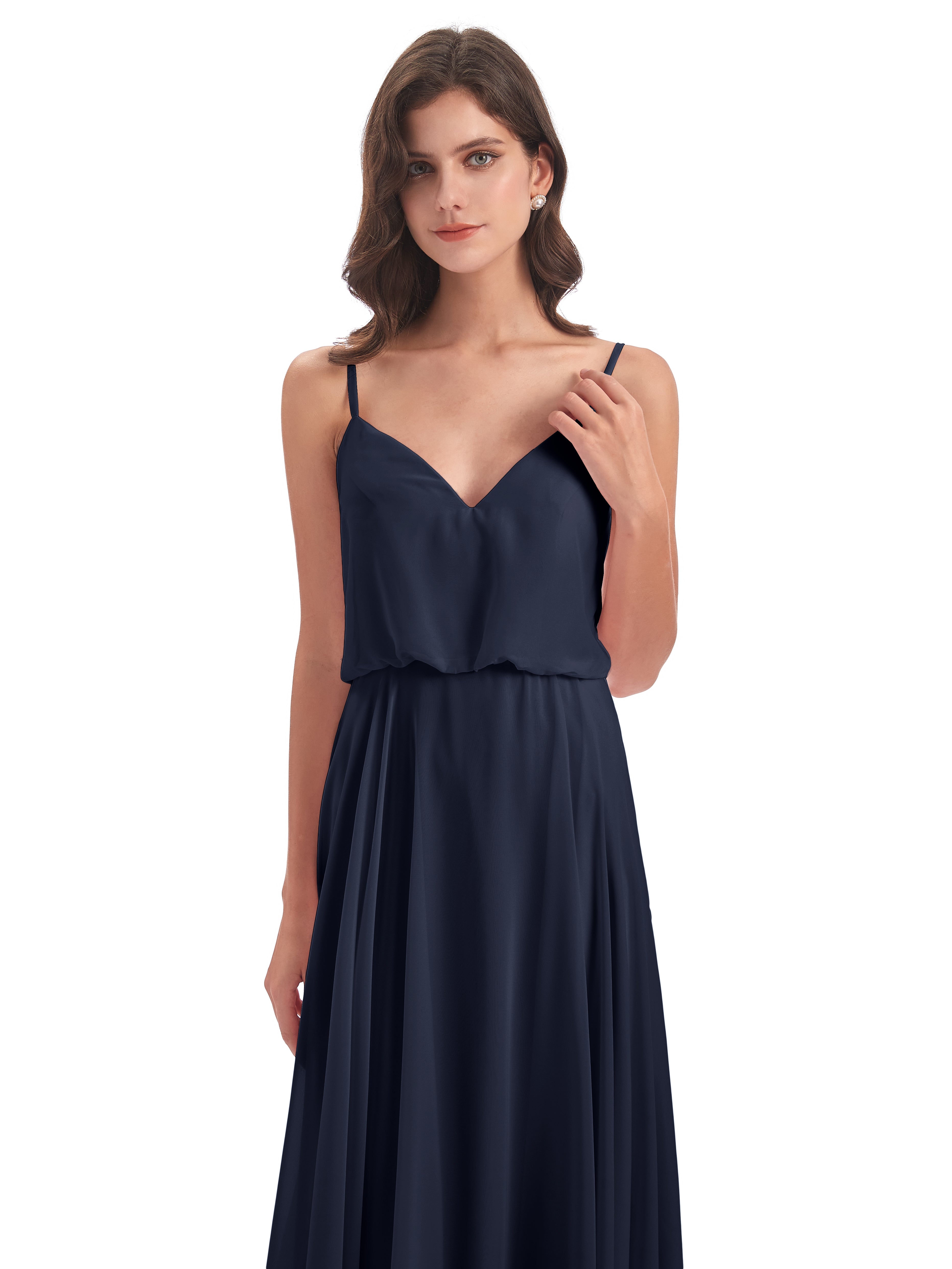 Robes De Demoiselle D'Honneur Bleu Marine Foncé Bretelles Spaghetti Mousseline Longue Robes Demoiselle D'Honneur