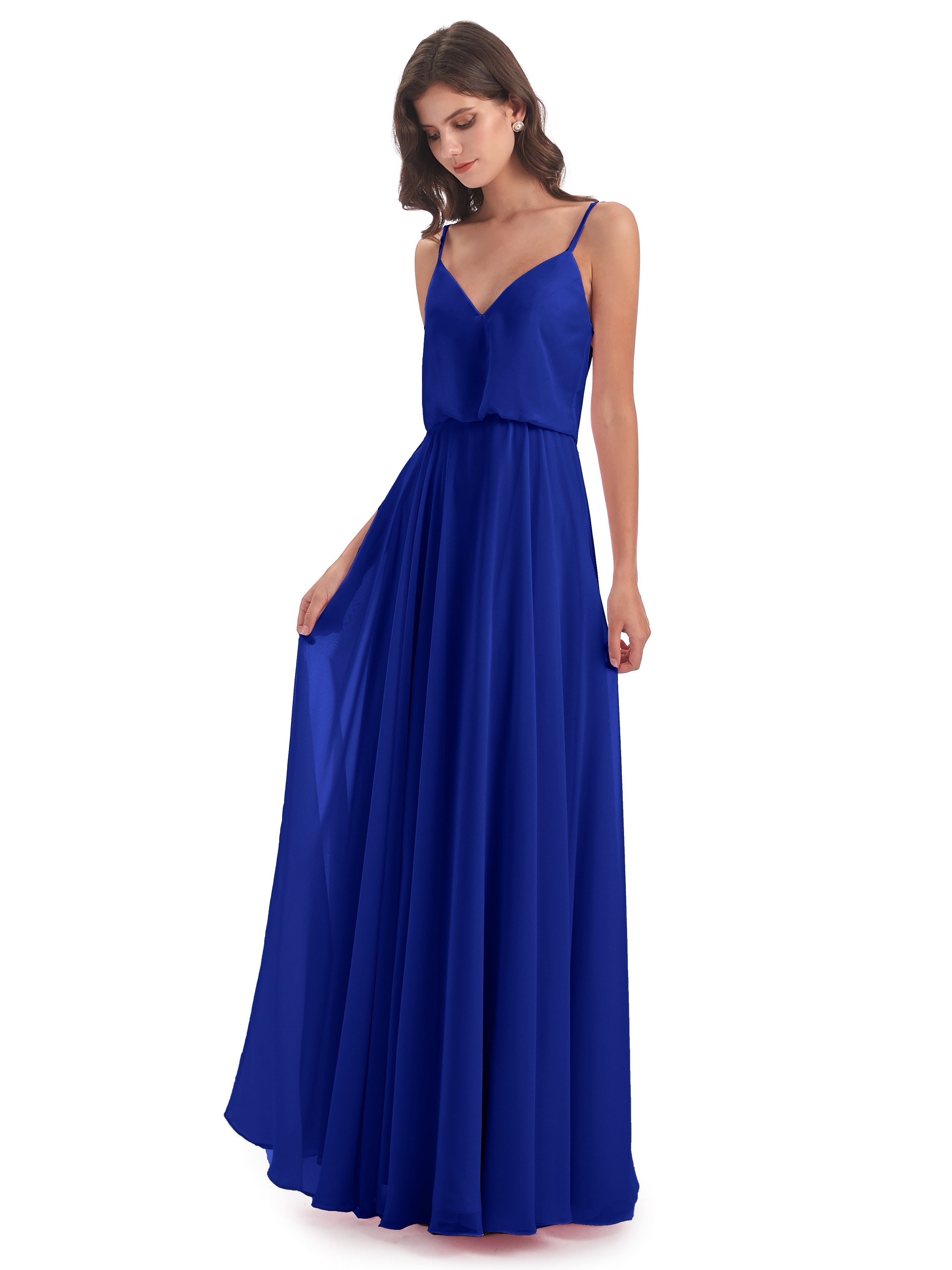 Robe Demoiselle D Honneur Bleu Royal Bretelles Spaghetti Mousseline Longue Robes Demoiselle D'Honneur