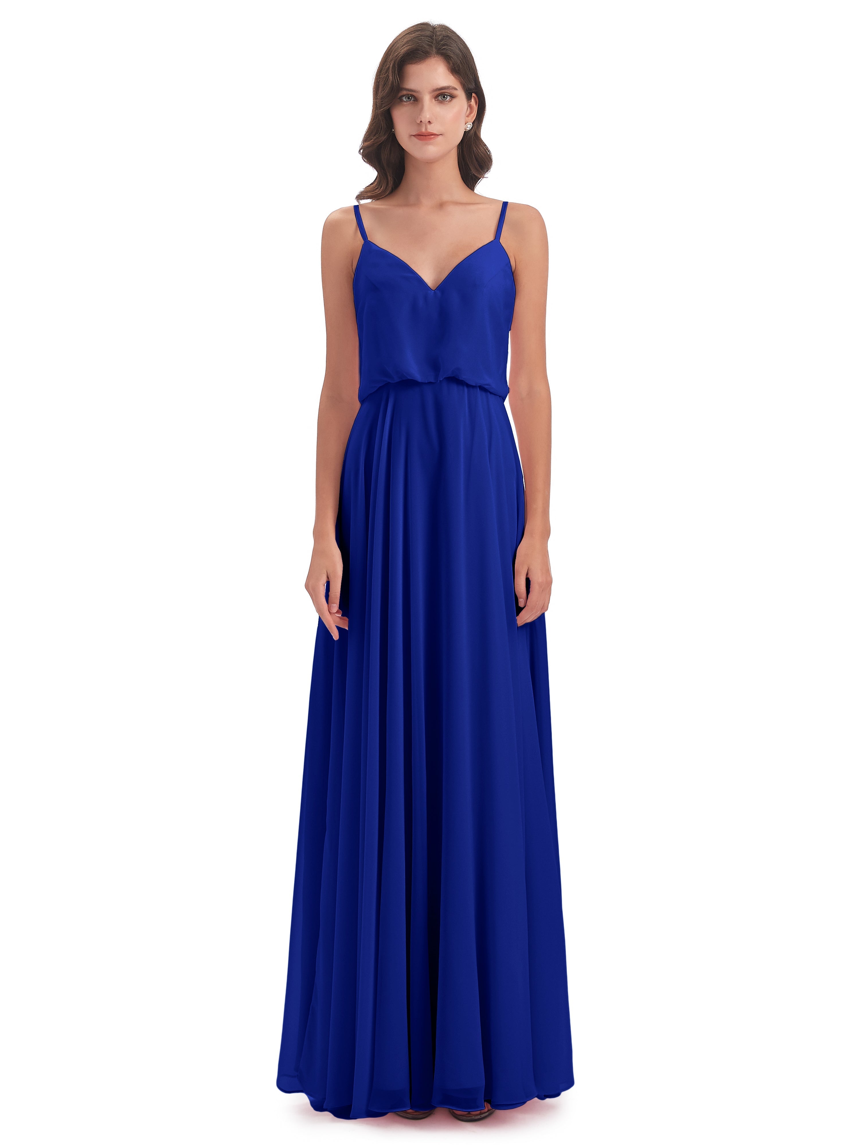 Robe Demoiselle D Honneur Bleu Royal Bretelles Spaghetti Mousseline Longue Robes Demoiselle D'Honneur