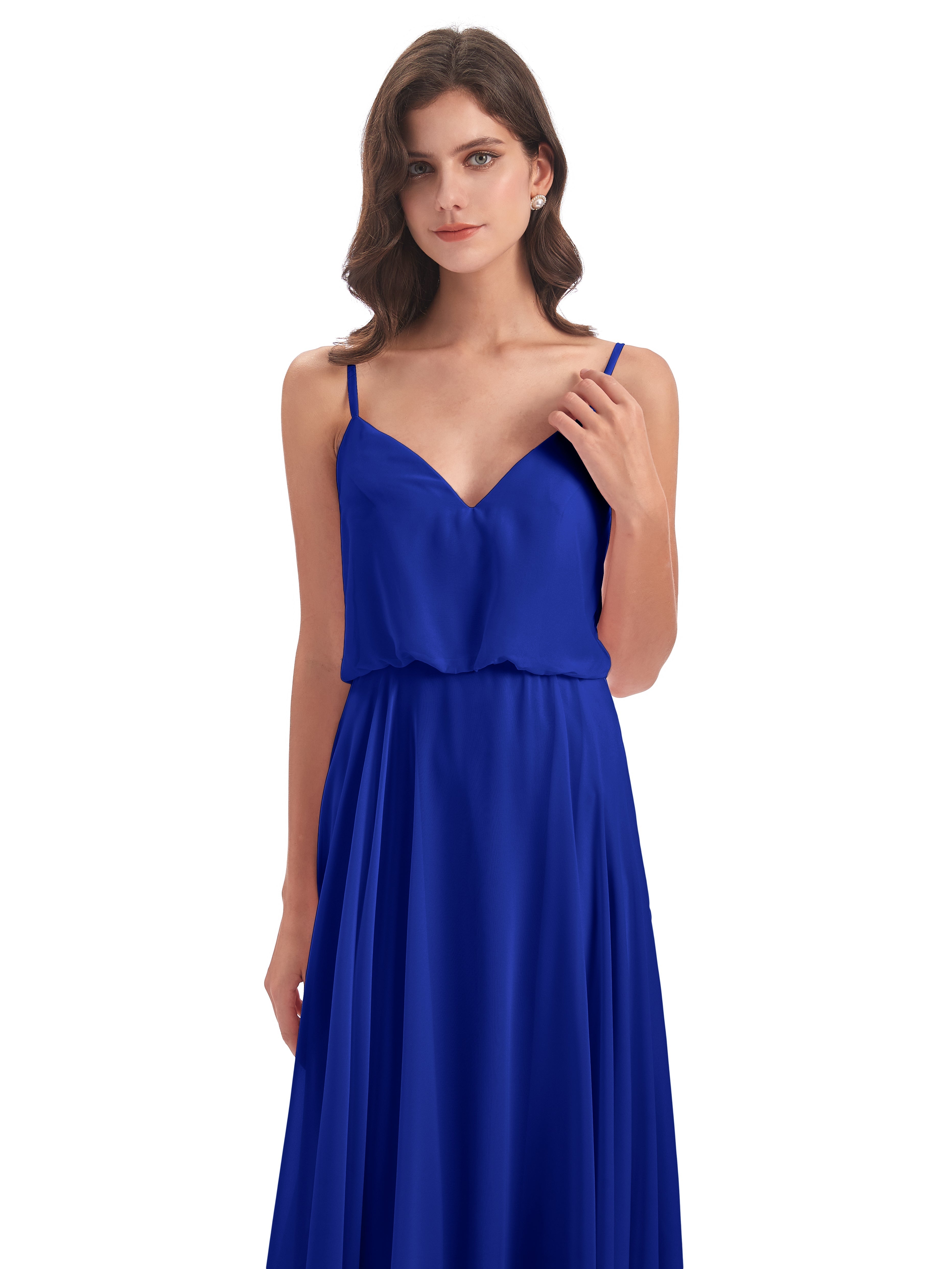 Robe Demoiselle D Honneur Bleu Royal Bretelles Spaghetti Mousseline Longue Robes Demoiselle D'Honneur