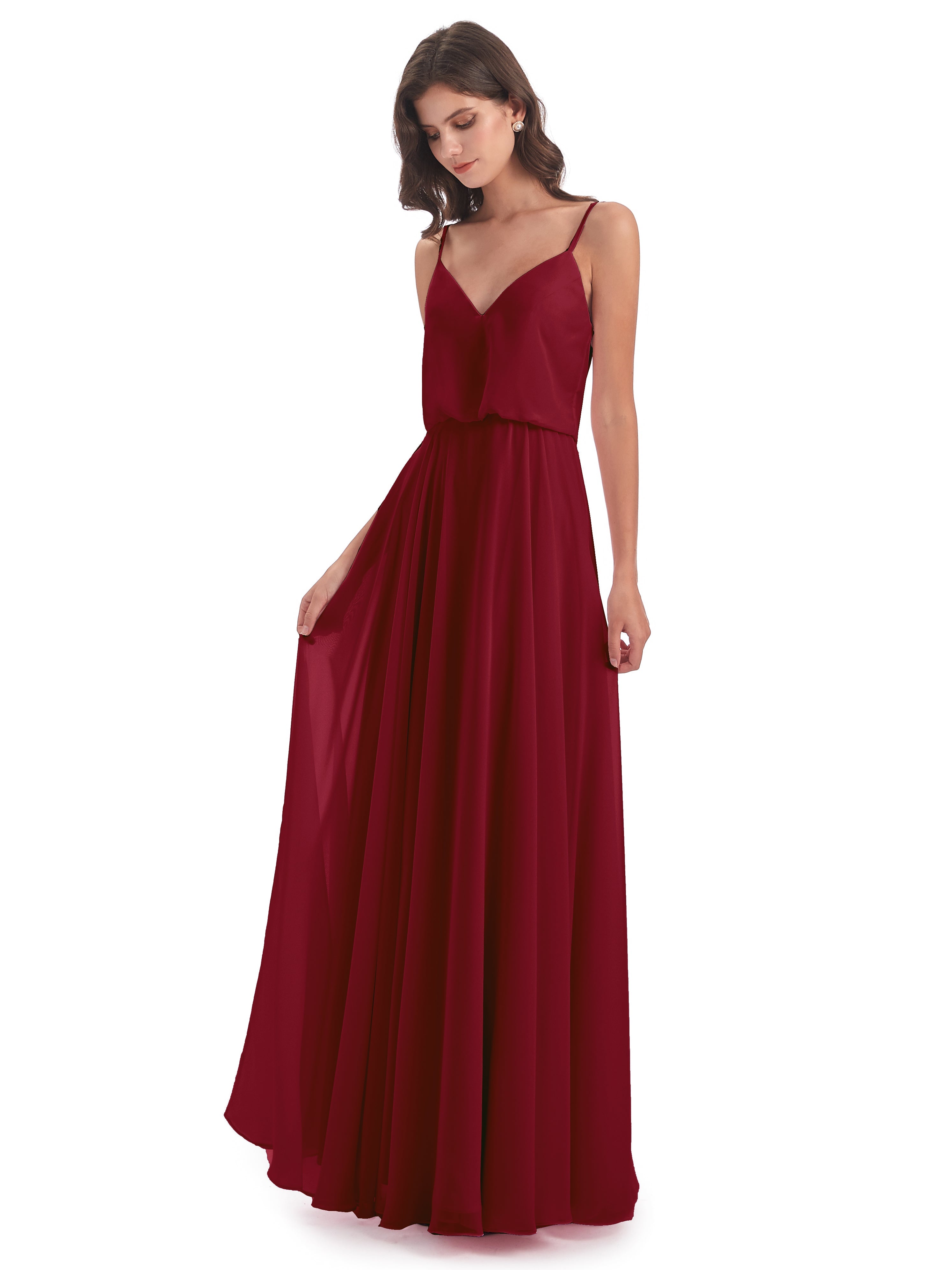 Robes De Demoiselle D'Honneur Bordeaux Bretelles Spaghetti Mousseline Longue Robes Demoiselle D'Honneur