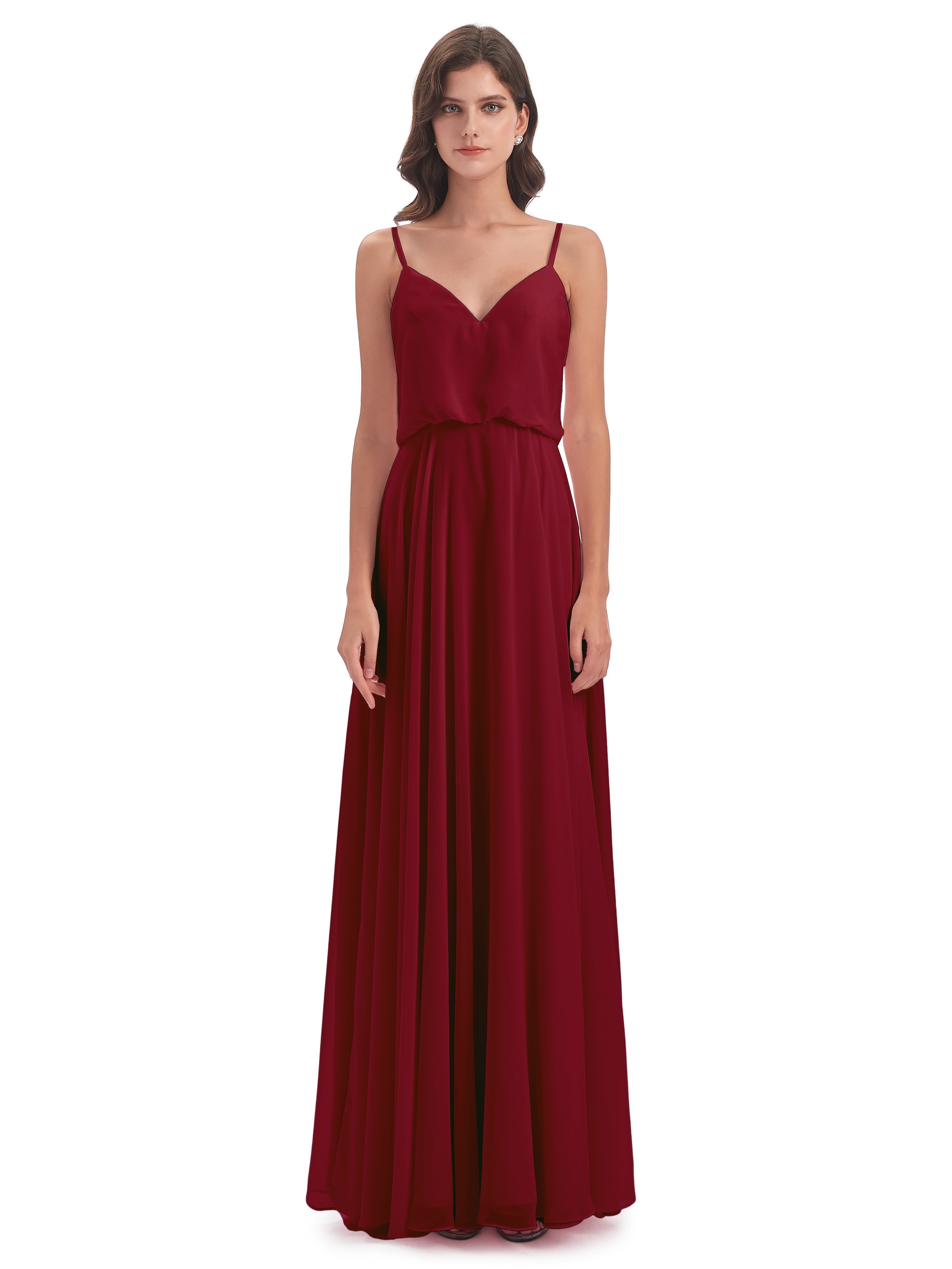 Robes De Demoiselle D'Honneur Bordeaux Bretelles Spaghetti Mousseline Longue Robes Demoiselle D'Honneur