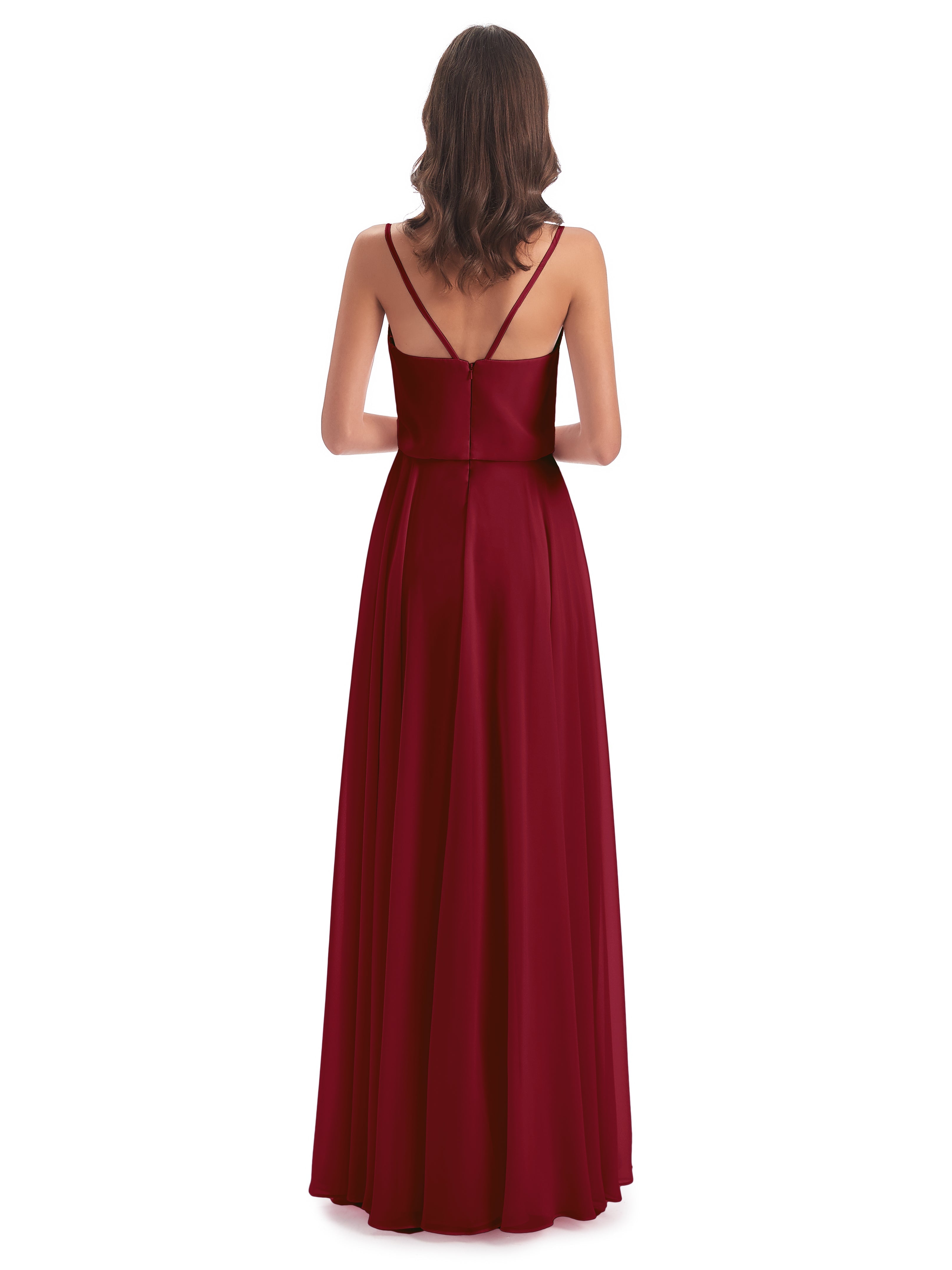 Robes De Demoiselle D'Honneur Bordeaux Bretelles Spaghetti Mousseline Longue Robes Demoiselle D'Honneur