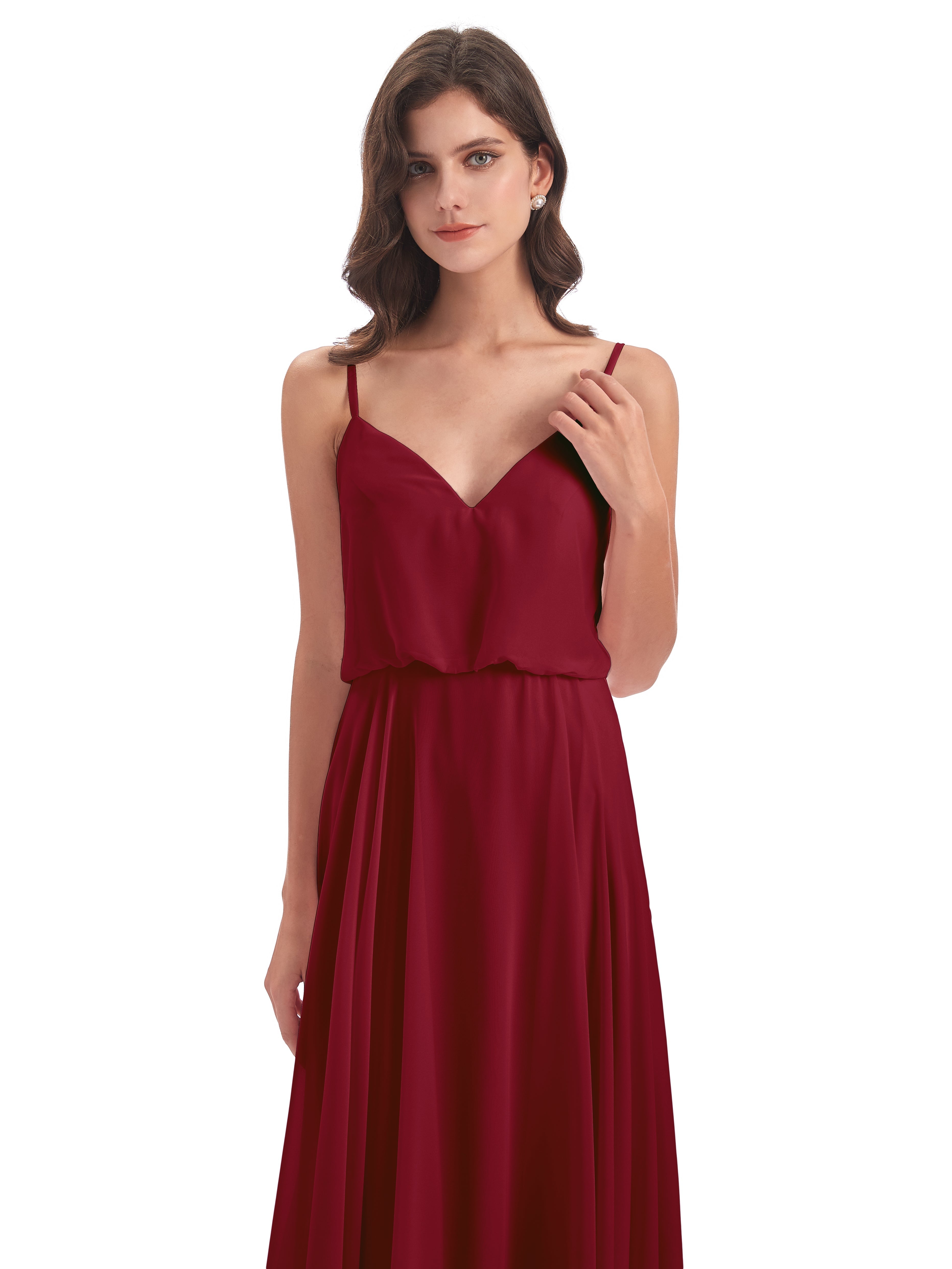 Robes De Demoiselle D'Honneur Bordeaux Bretelles Spaghetti Mousseline Longue Robes Demoiselle D'Honneur