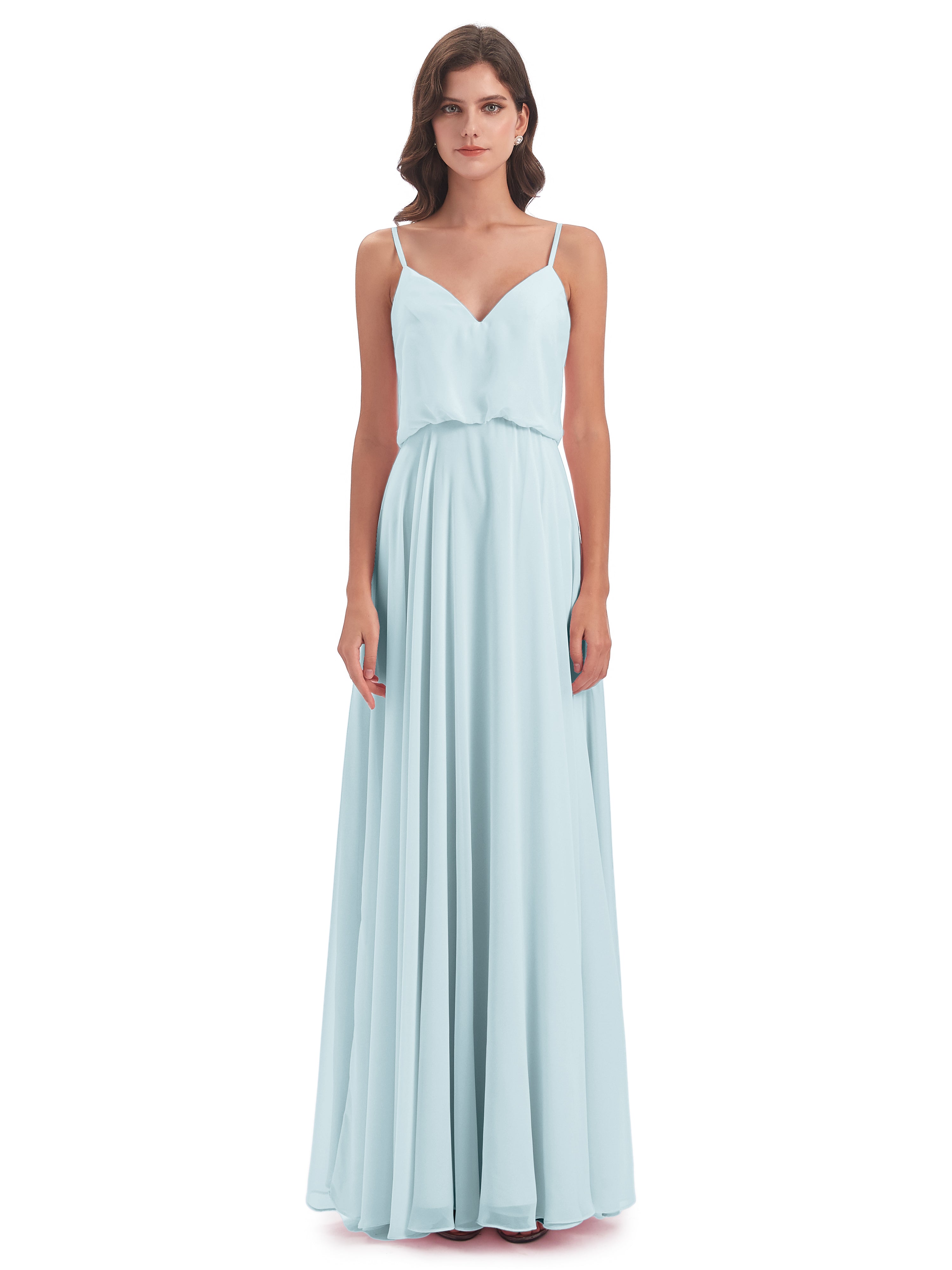 Robe De Demoiselle D'Honneur Brume Bretelles Spaghetti Mousseline Longue Robes Demoiselle D'Honneur