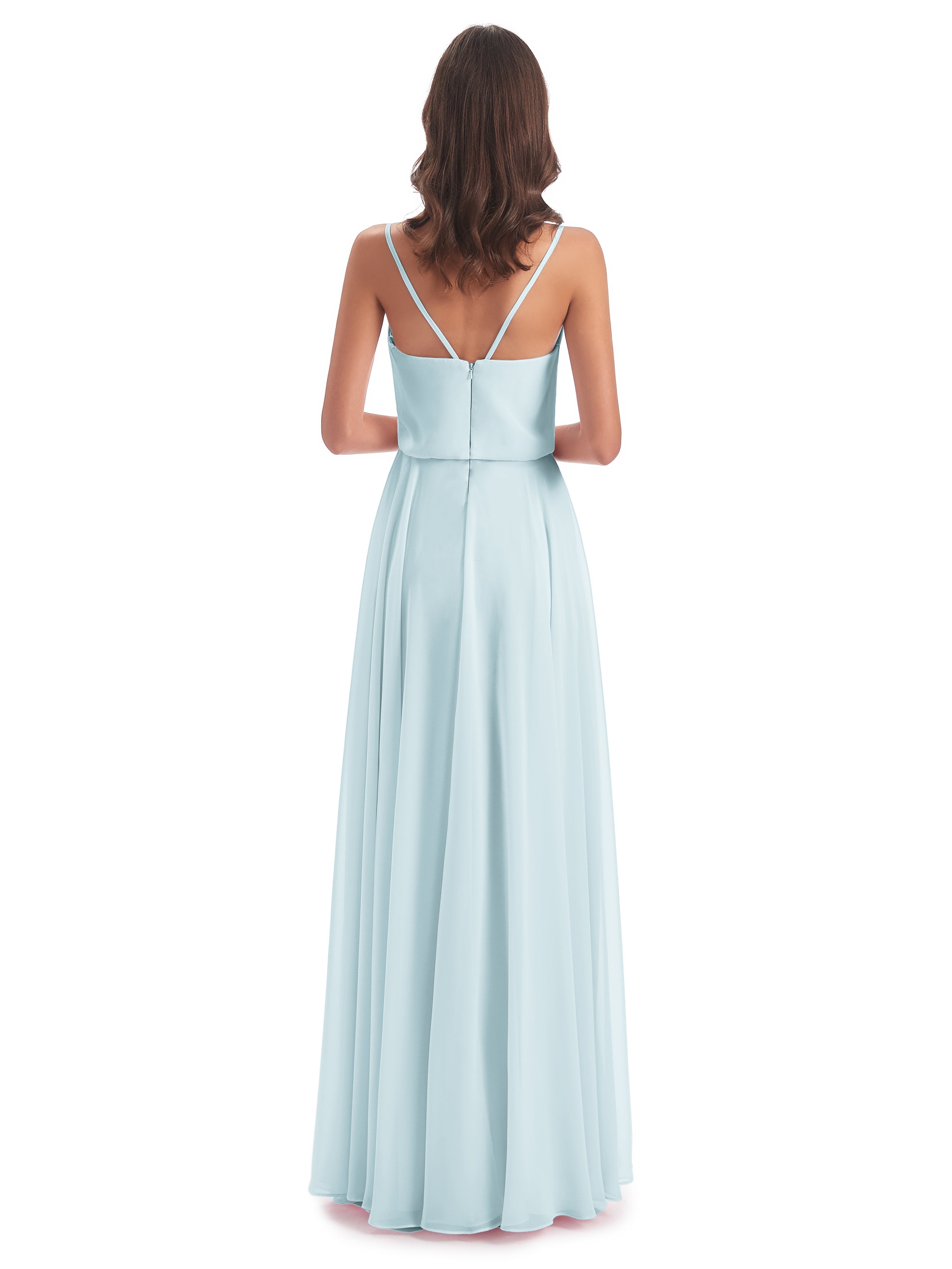 Robe De Demoiselle D'Honneur Brume Bretelles Spaghetti Mousseline Longue Robes Demoiselle D'Honneur