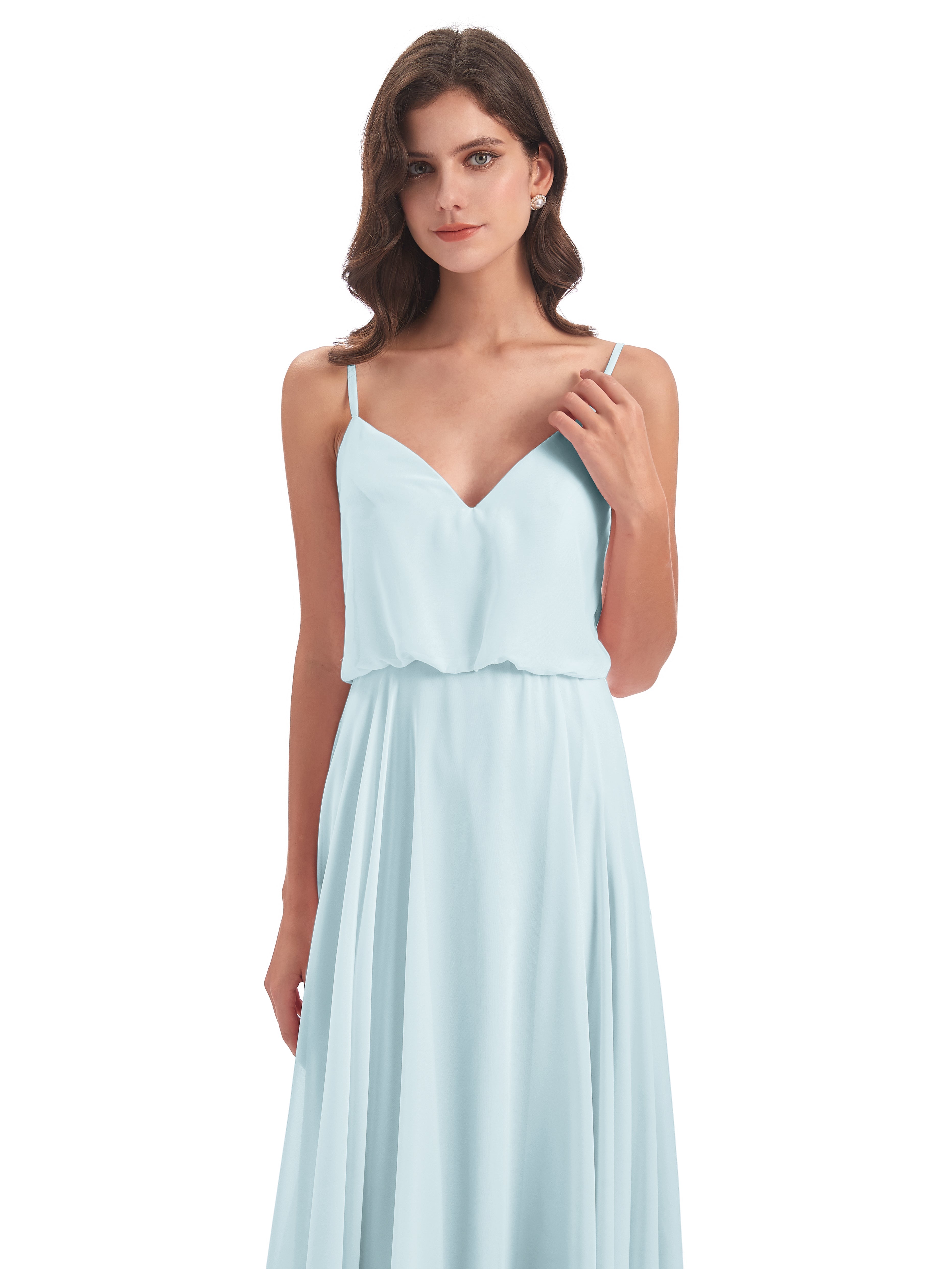 Robe De Demoiselle D'Honneur Brume Bretelles Spaghetti Mousseline Longue Robes Demoiselle D'Honneur