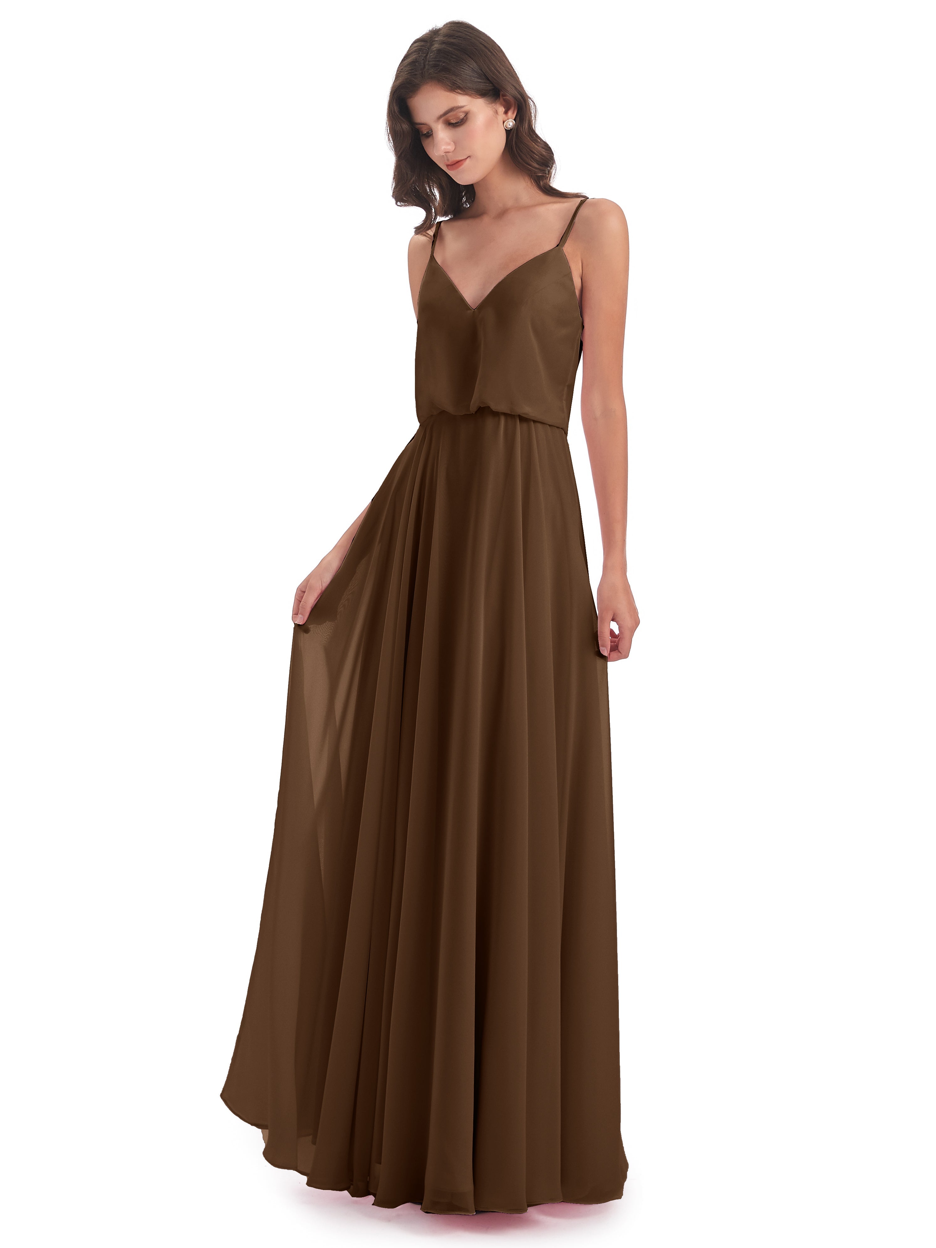 Robes De Demoiselle D'Honneur Brun Bretelles Spaghetti Mousseline Longue Robes Demoiselle D'Honneur