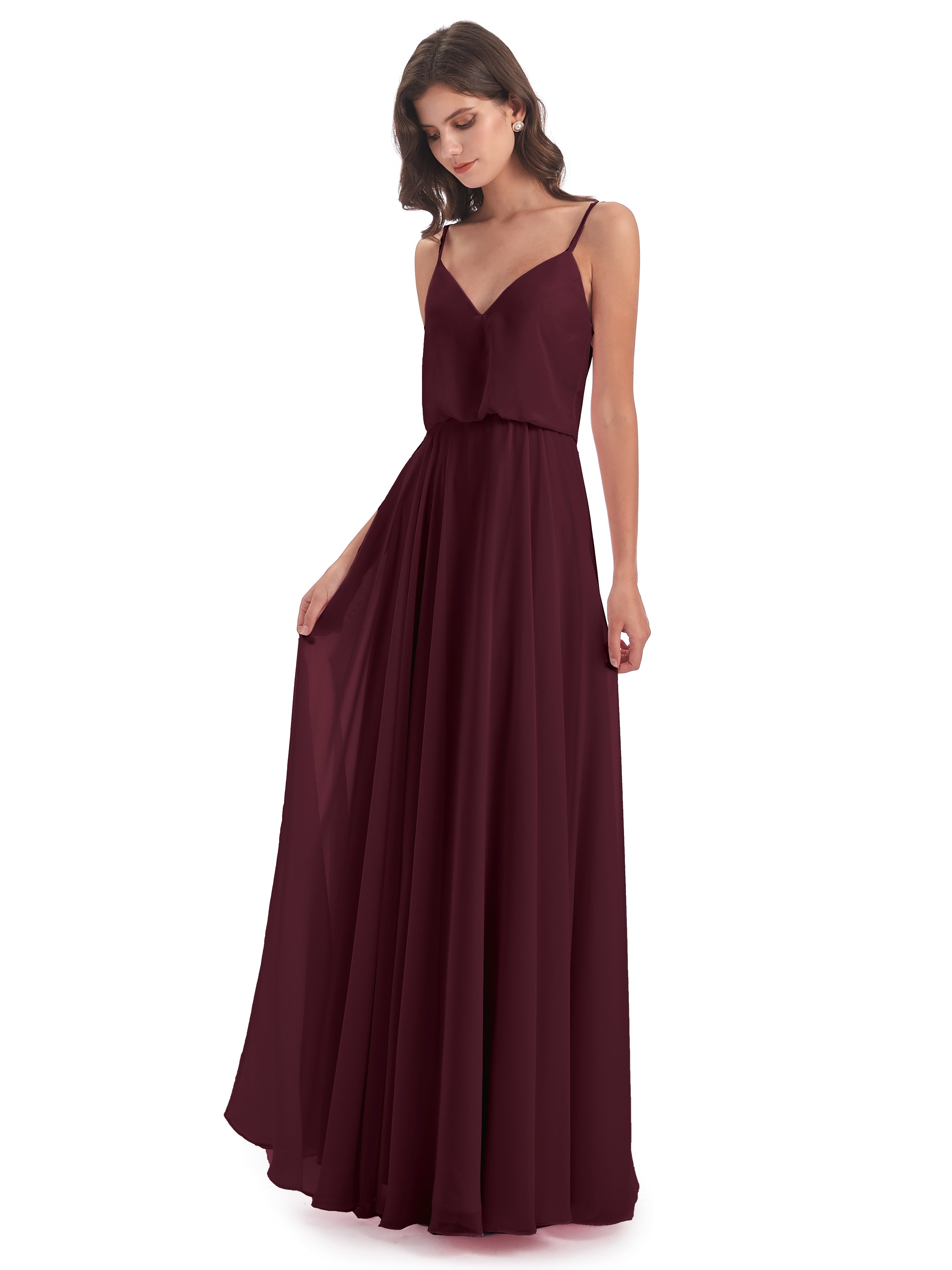 Robes De Demoiselle D'Honneur Cabernet Bretelles Spaghetti Mousseline Longue Robes Demoiselle D'Honneur