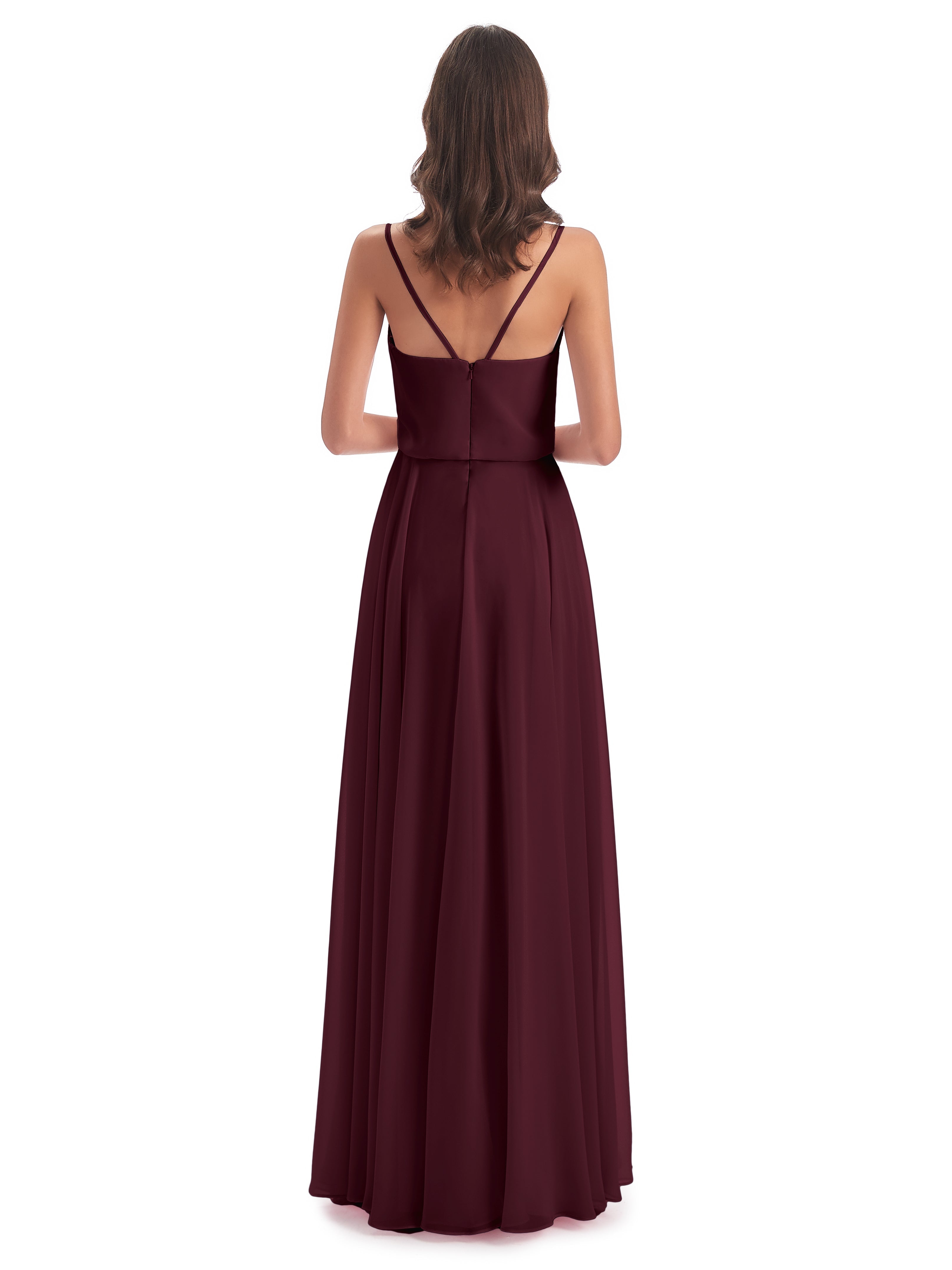 Robes De Demoiselle D'Honneur Cabernet Bretelles Spaghetti Mousseline Longue Robes Demoiselle D'Honneur
