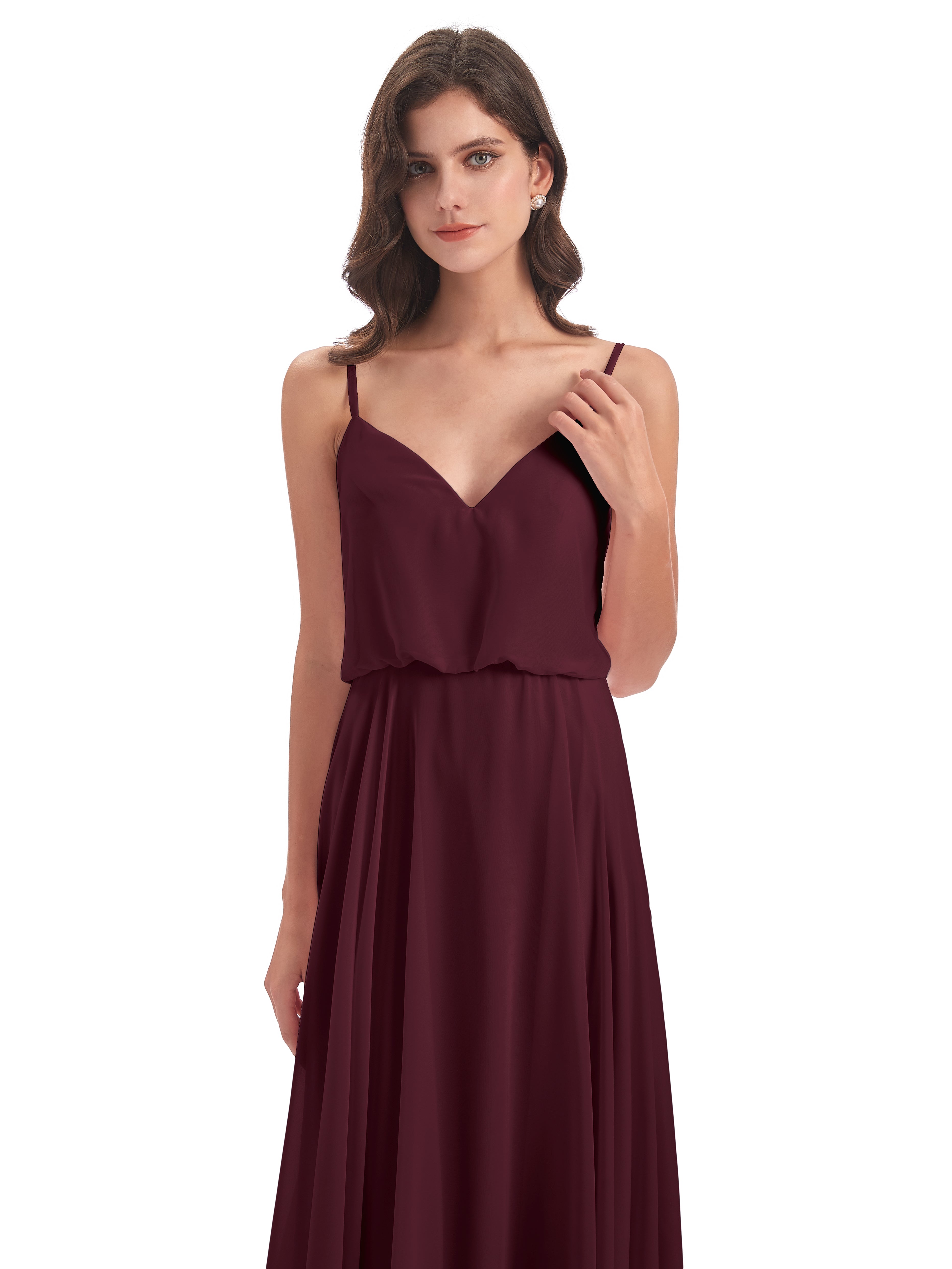 Robes De Demoiselle D'Honneur Cabernet Bretelles Spaghetti Mousseline Longue Robes Demoiselle D'Honneur