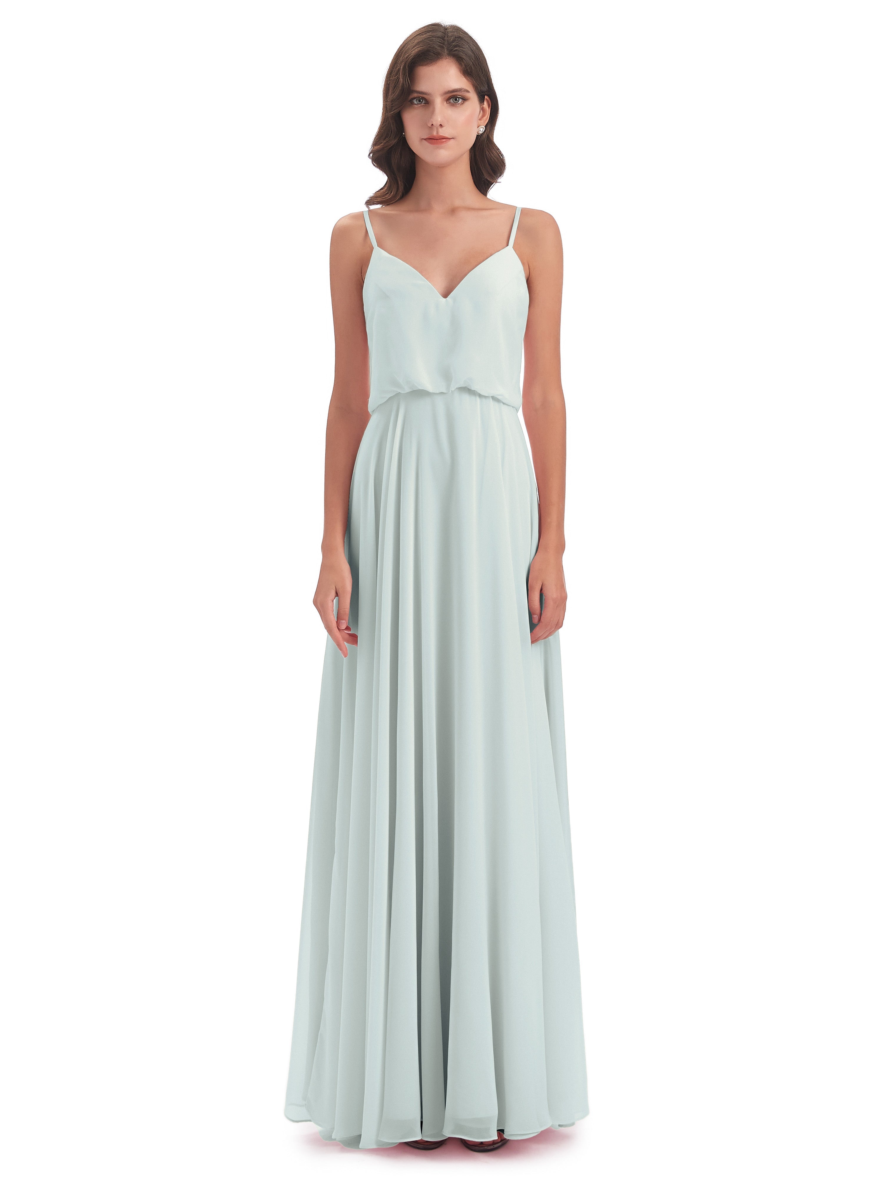 Robe Demoiselle D Honneur Vert Celadon Bretelles Spaghetti Mousseline Longue Robes Demoiselle D'Honneur