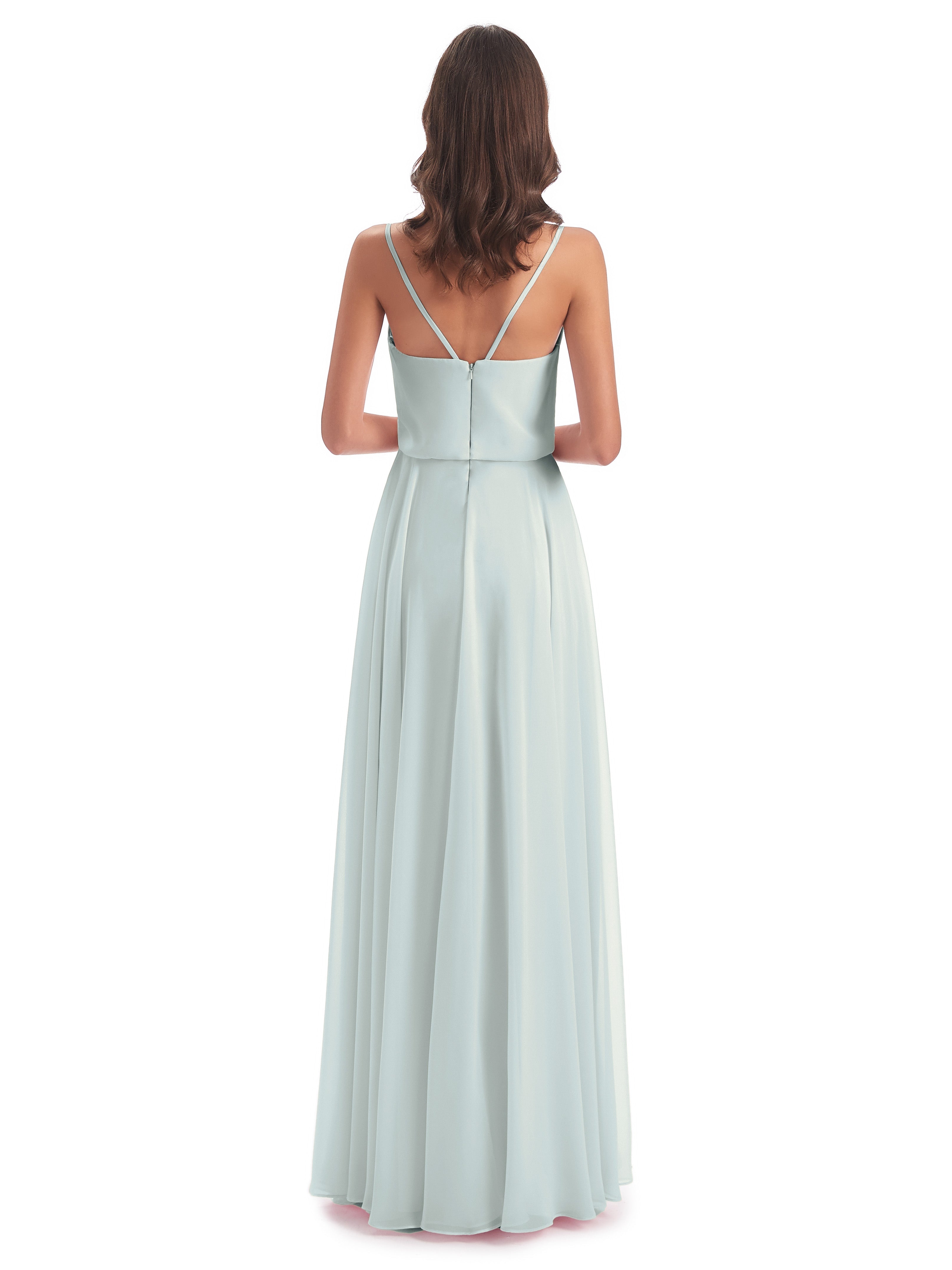 Robe Demoiselle D Honneur Vert Celadon Bretelles Spaghetti Mousseline Longue Robes Demoiselle D'Honneur