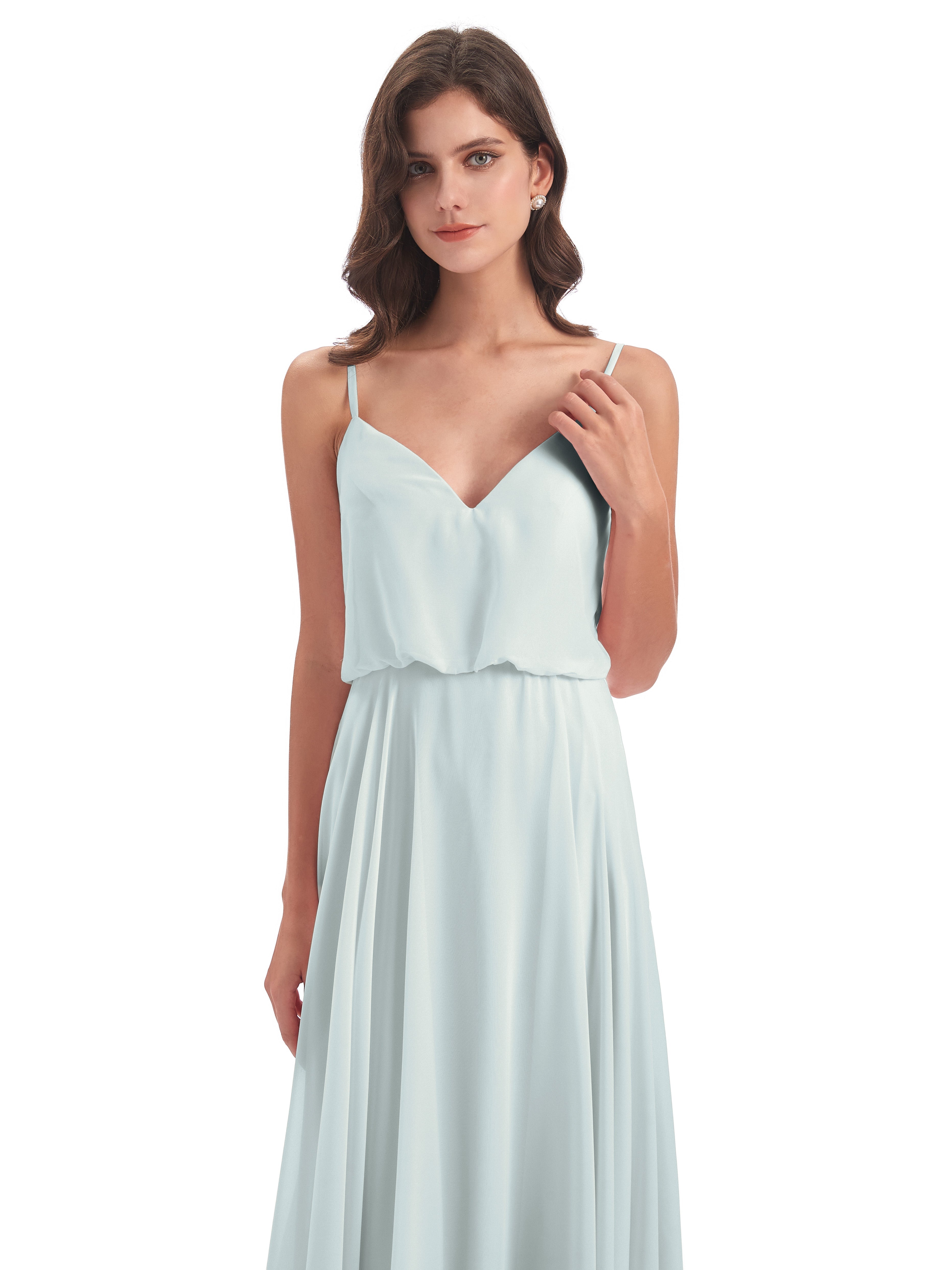 Robe Demoiselle D Honneur Vert Celadon Bretelles Spaghetti Mousseline Longue Robes Demoiselle D'Honneur