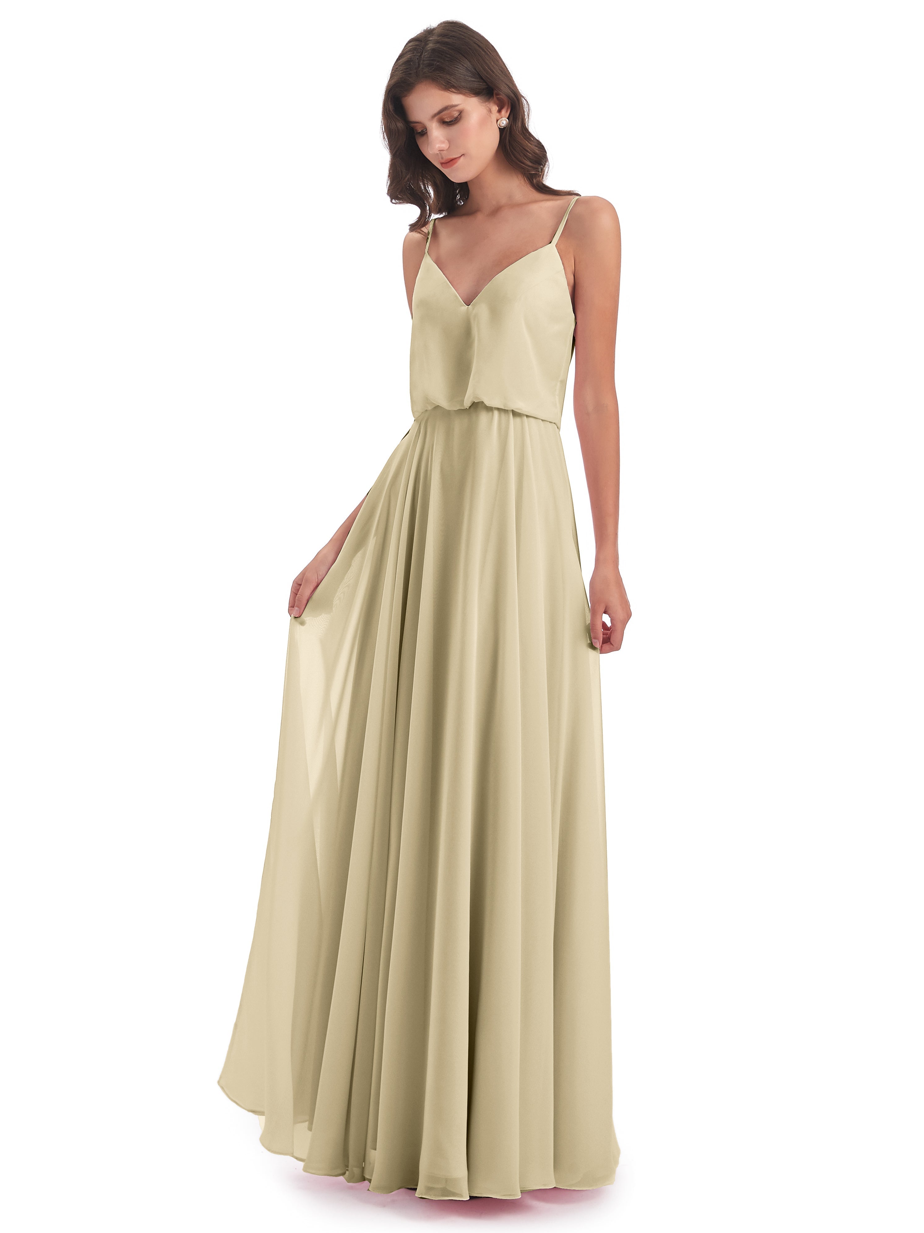 Champagne Robe Demoiselle D Honneur Bretelles Spaghetti Mousseline Longue Robes Demoiselle D'Honneur
