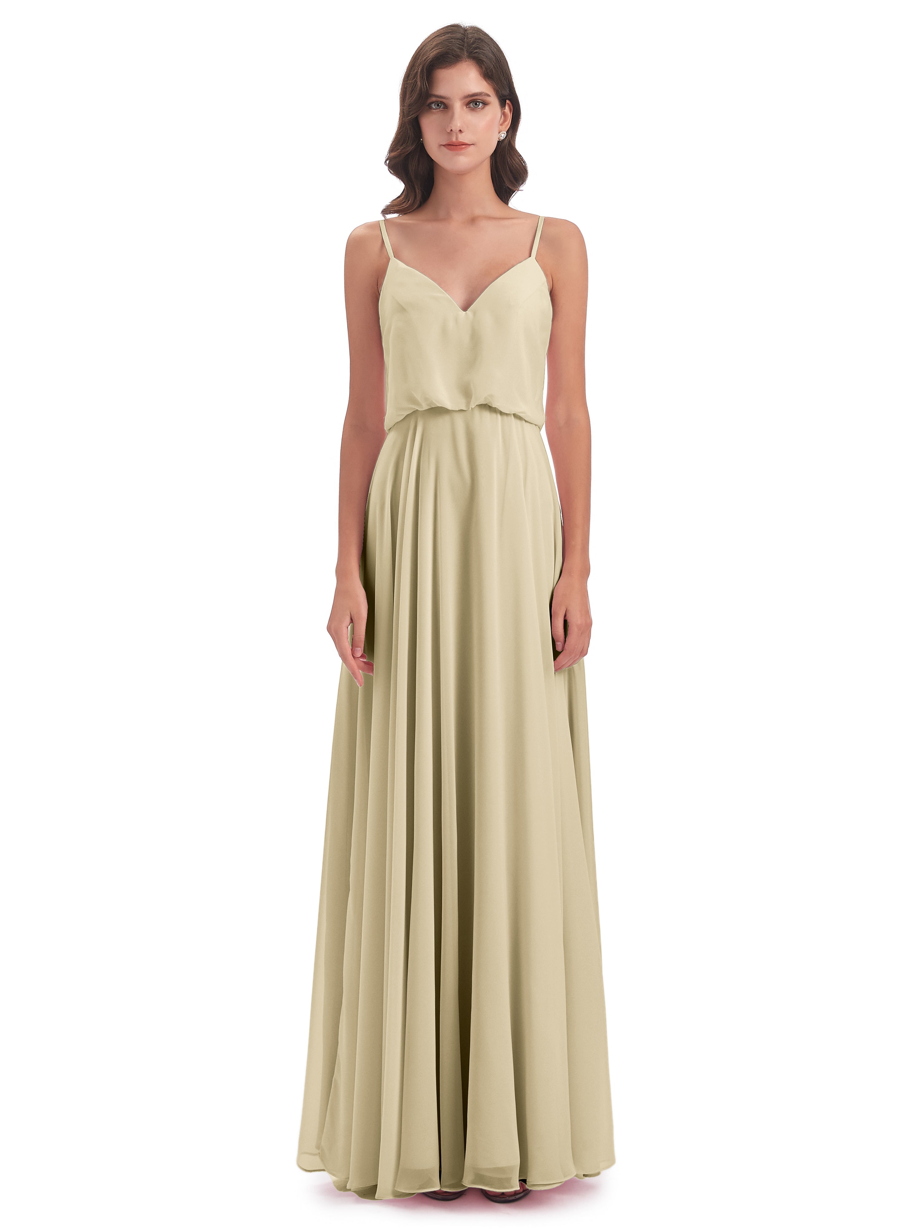 Champagne Robe Demoiselle D Honneur Bretelles Spaghetti Mousseline Longue Robes Demoiselle D'Honneur