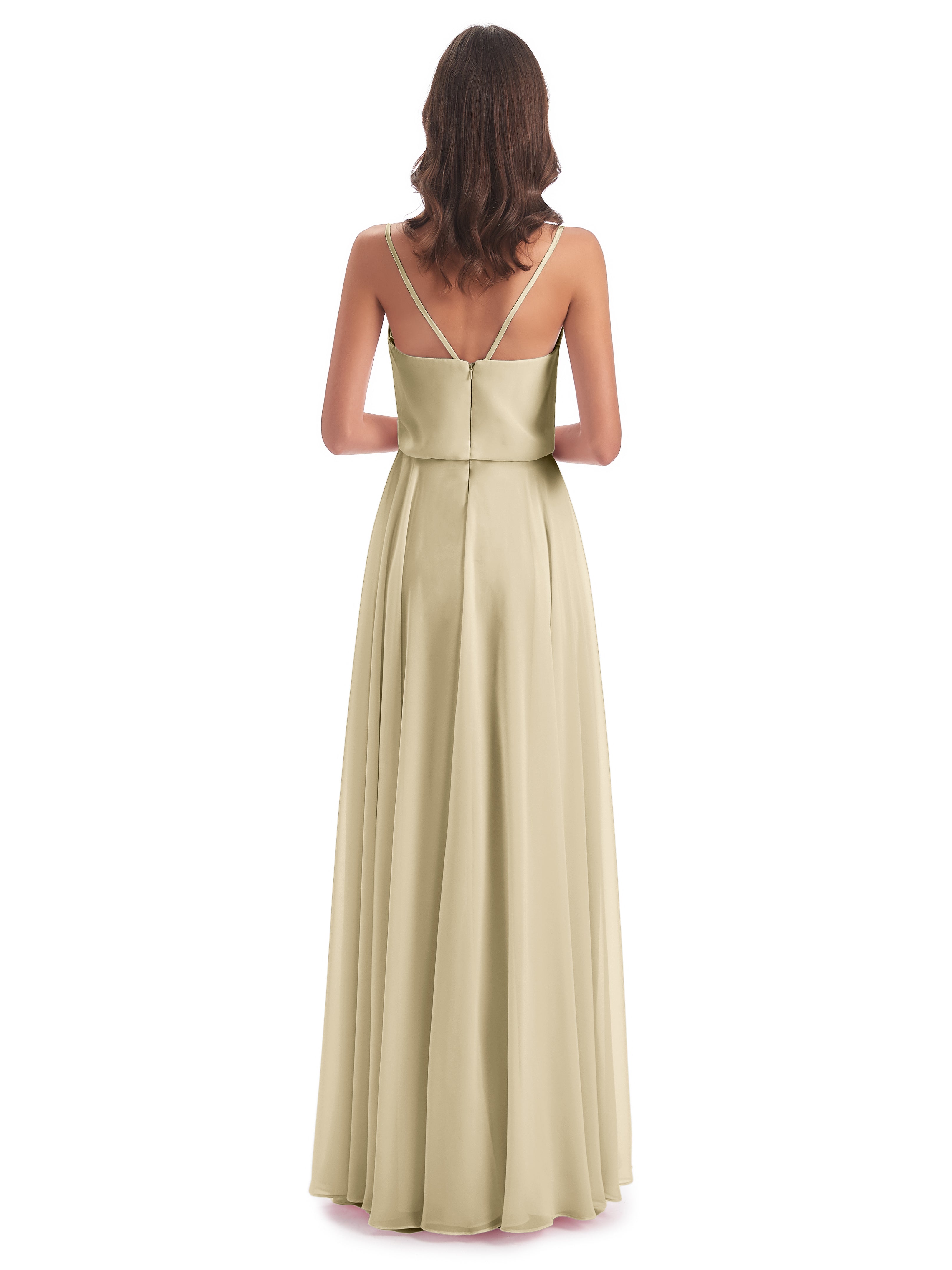 Champagne Robe Demoiselle D Honneur Bretelles Spaghetti Mousseline Longue Robes Demoiselle D'Honneur