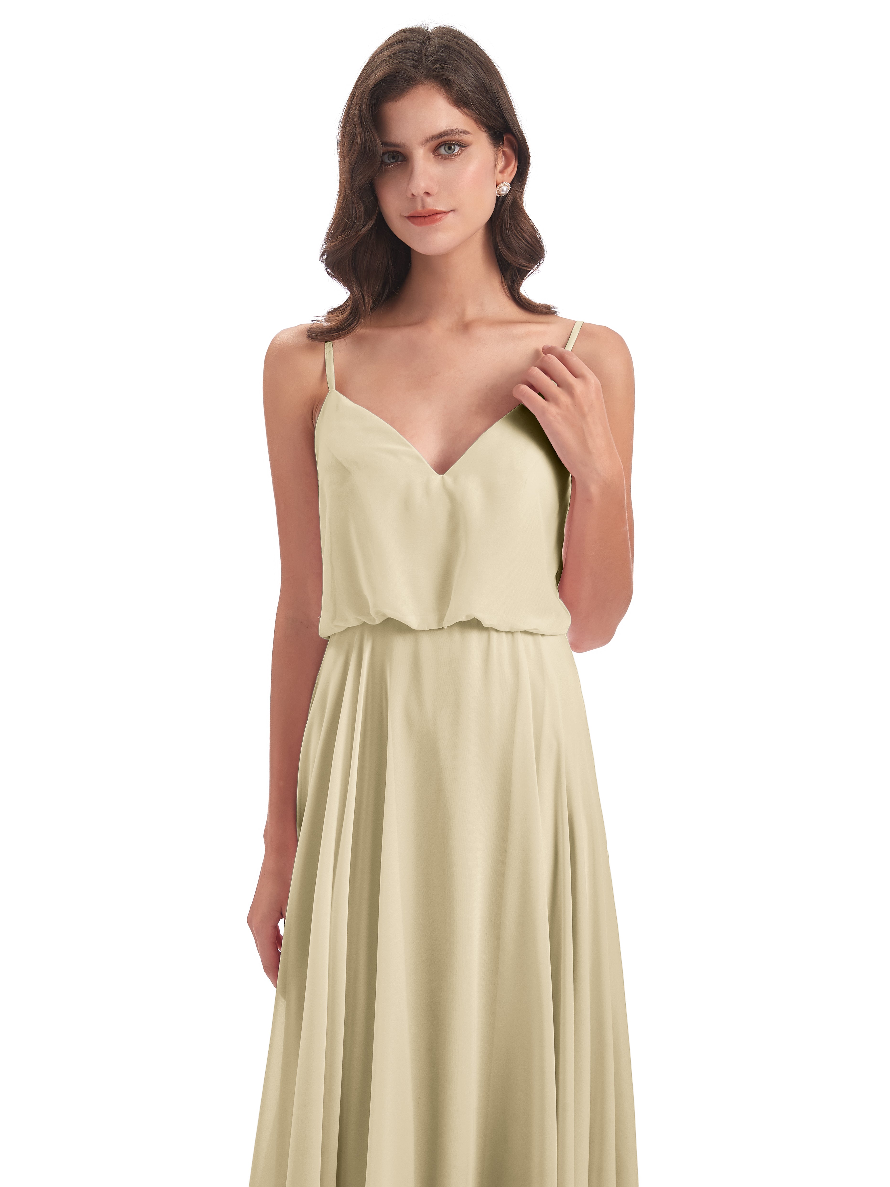 Champagne Robe Demoiselle D Honneur Bretelles Spaghetti Mousseline Longue Robes Demoiselle D'Honneur