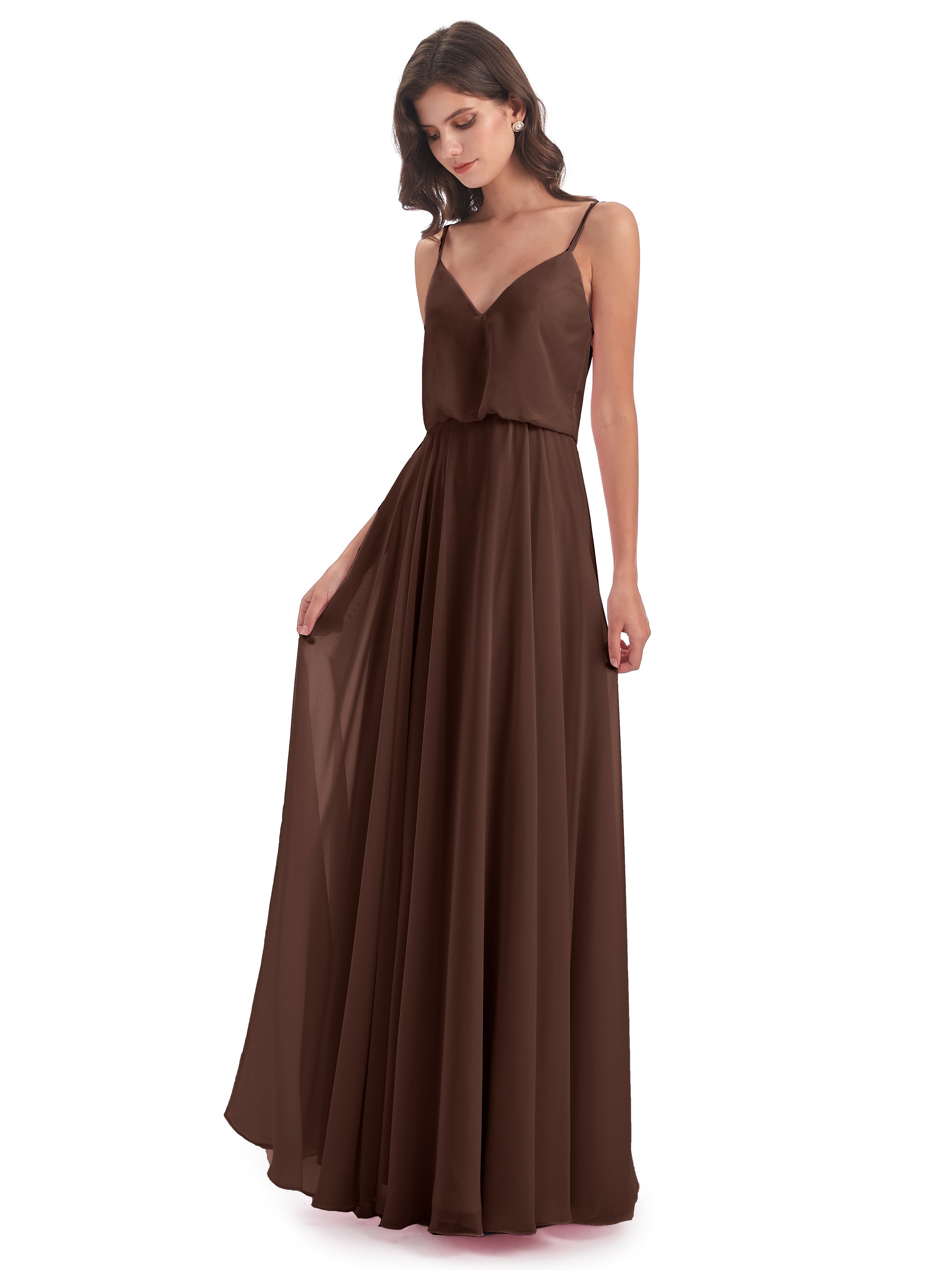 Robe Marron Chocolat Demoiselle D Honneur Bretelles Spaghetti Mousseline Longue Robes Demoiselle D'Honneur