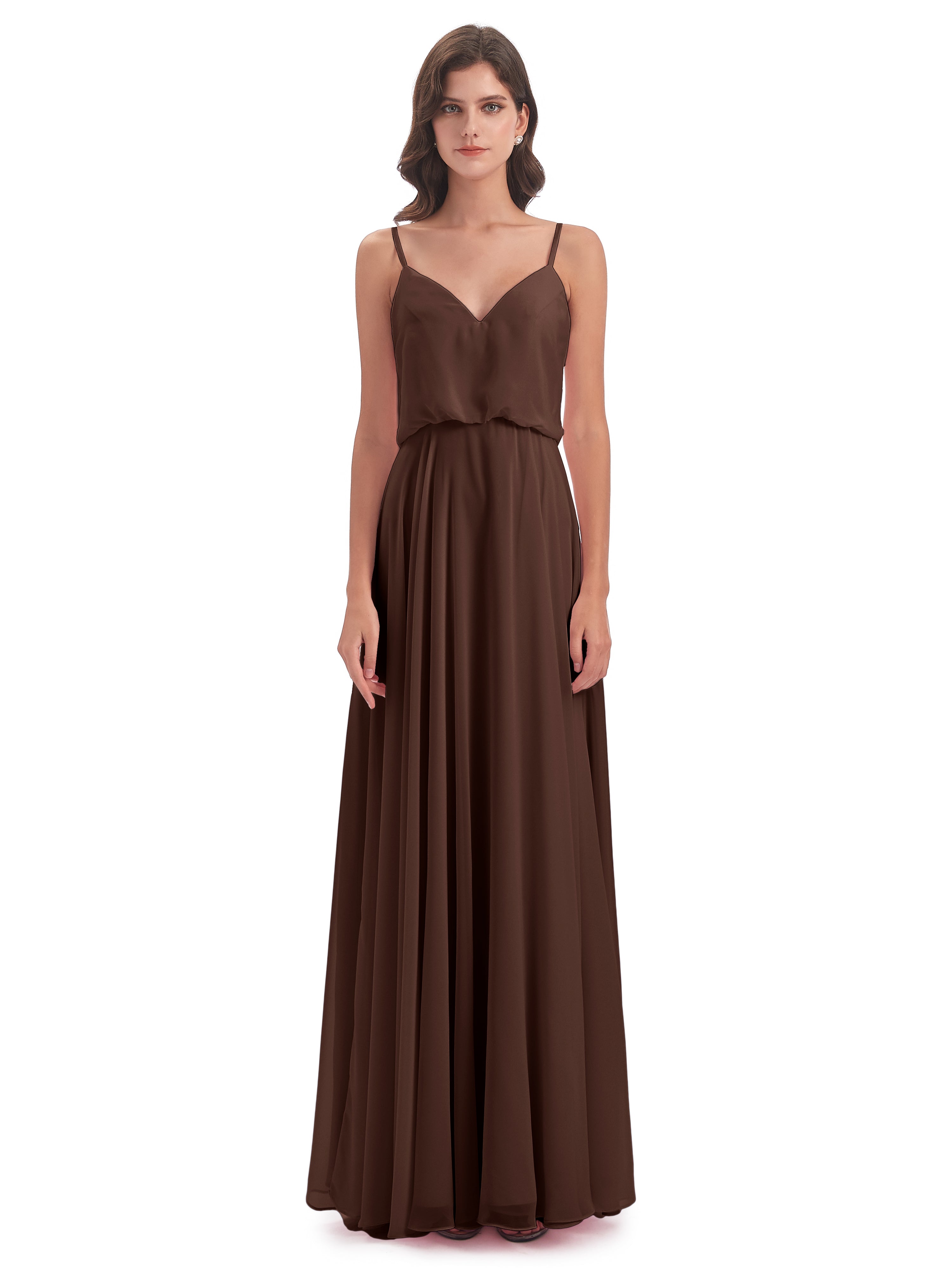 Robe Marron Chocolat Demoiselle D Honneur Bretelles Spaghetti Mousseline Longue Robes Demoiselle D'Honneur