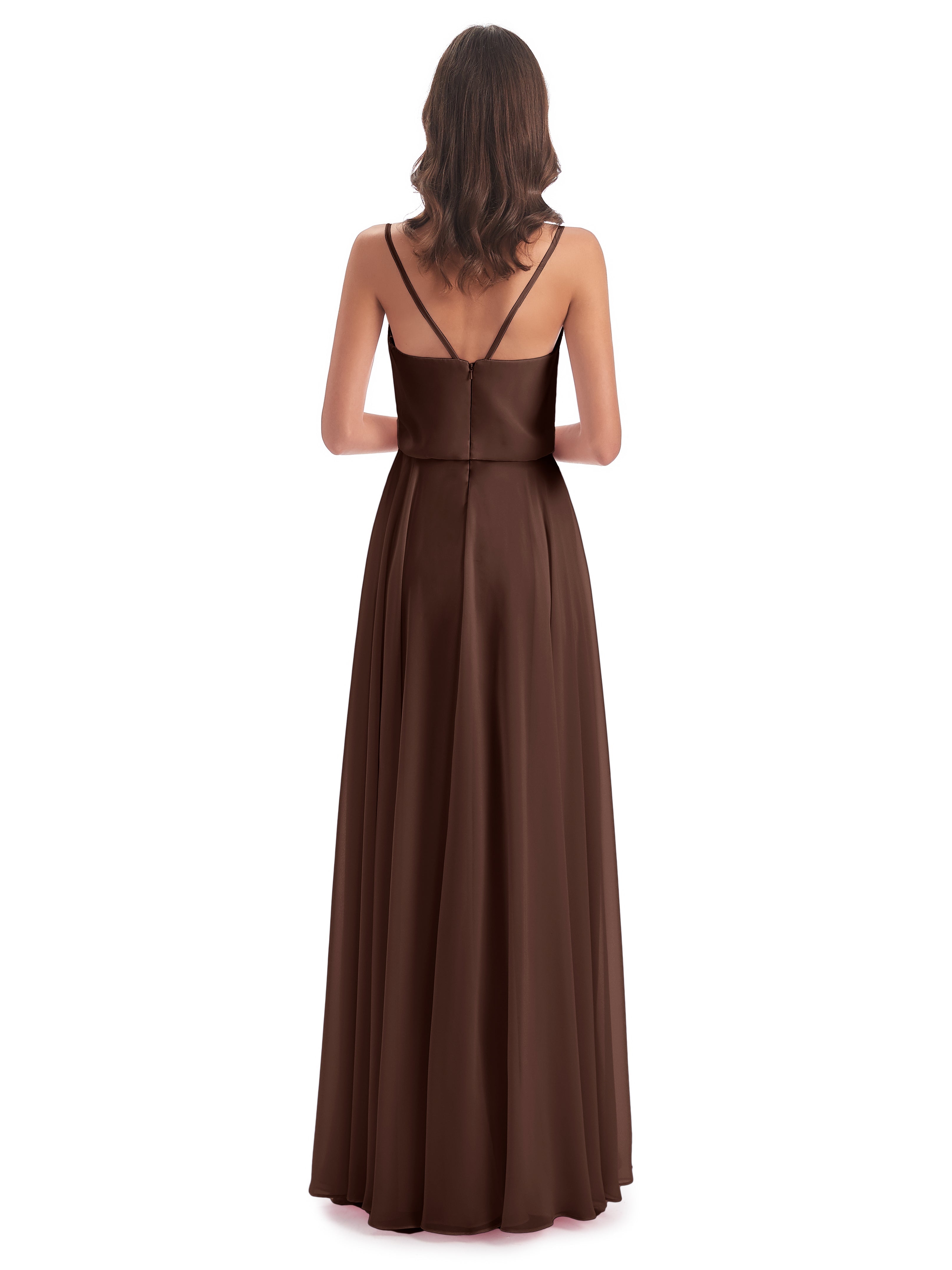 Robe Marron Chocolat Demoiselle D Honneur Bretelles Spaghetti Mousseline Longue Robes Demoiselle D'Honneur