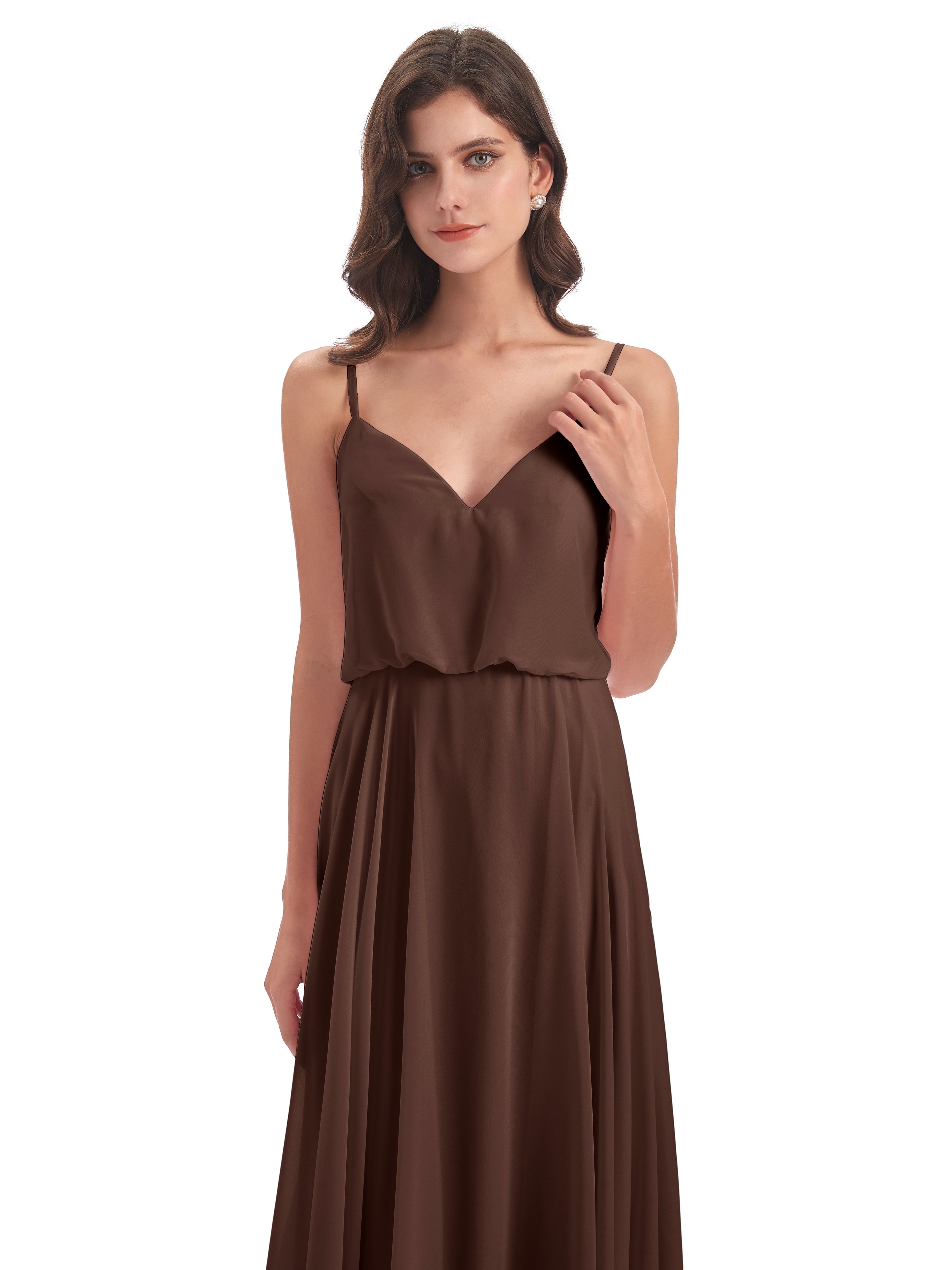 Robe Marron Chocolat Demoiselle D Honneur Bretelles Spaghetti Mousseline Longue Robes Demoiselle D'Honneur